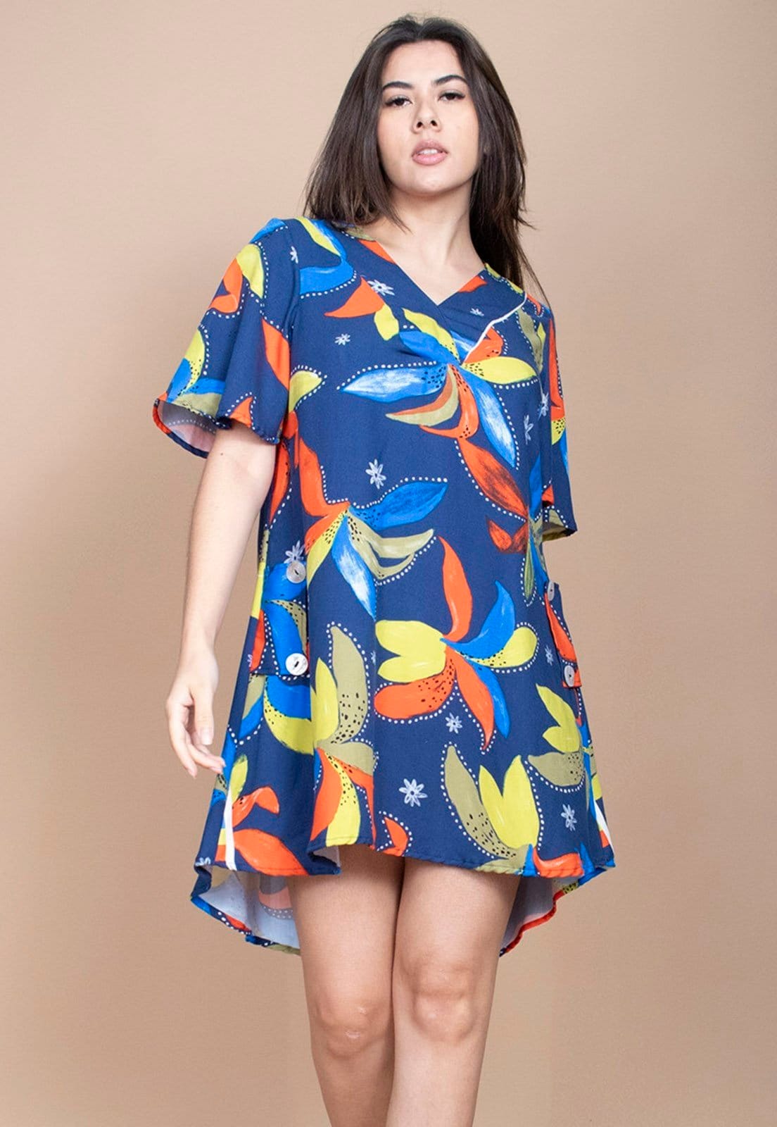 Vestido Curto Cabanafree Pataxô Viscose Mullet Decote V Maré Vibrante