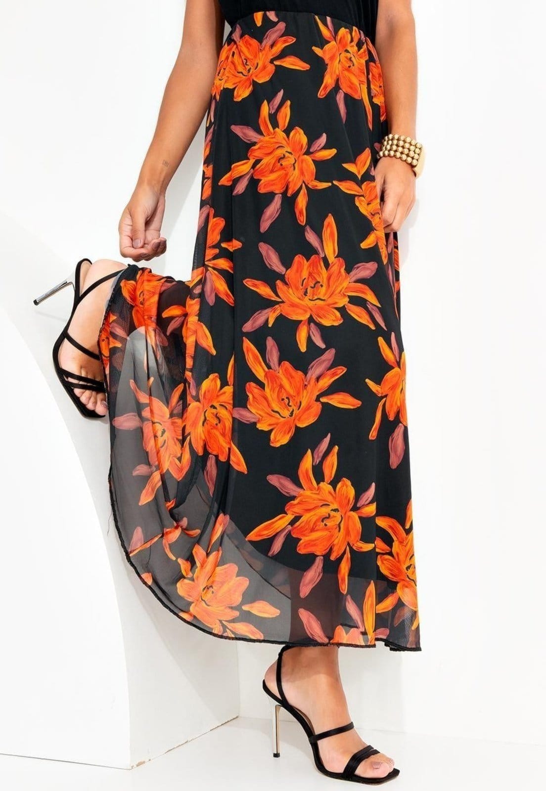 Saia Em Tule Floral Laranja