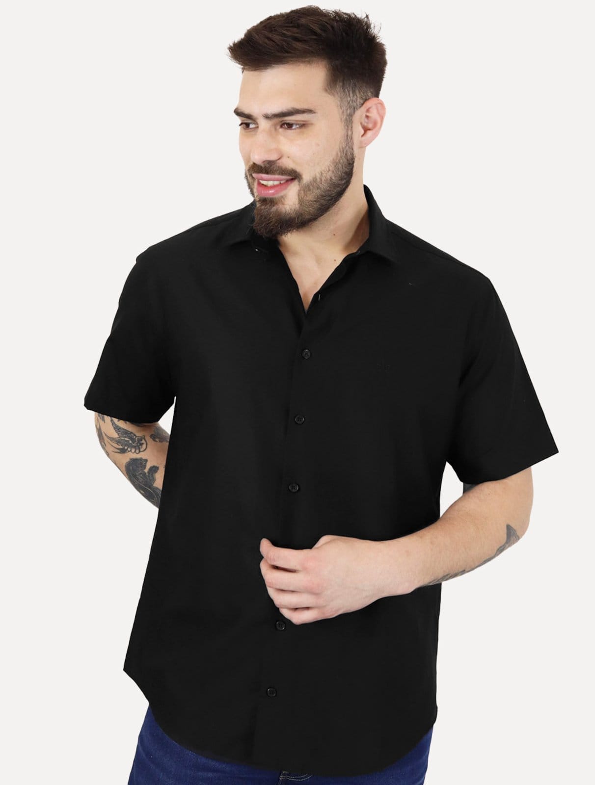 Camisa Dudalina Masculina Manga Curta Comfort Superfine Cotton Dark Logo Lisa Preta