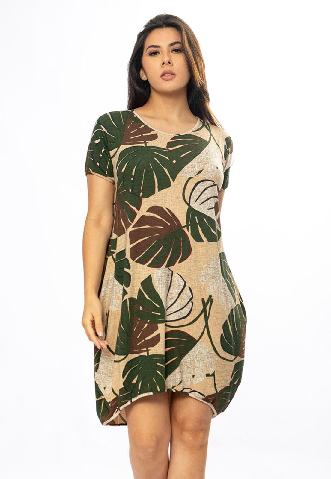 Vestido Curto Amazônia Vital Malha Amplo Always Estampa Folhagem Verde e