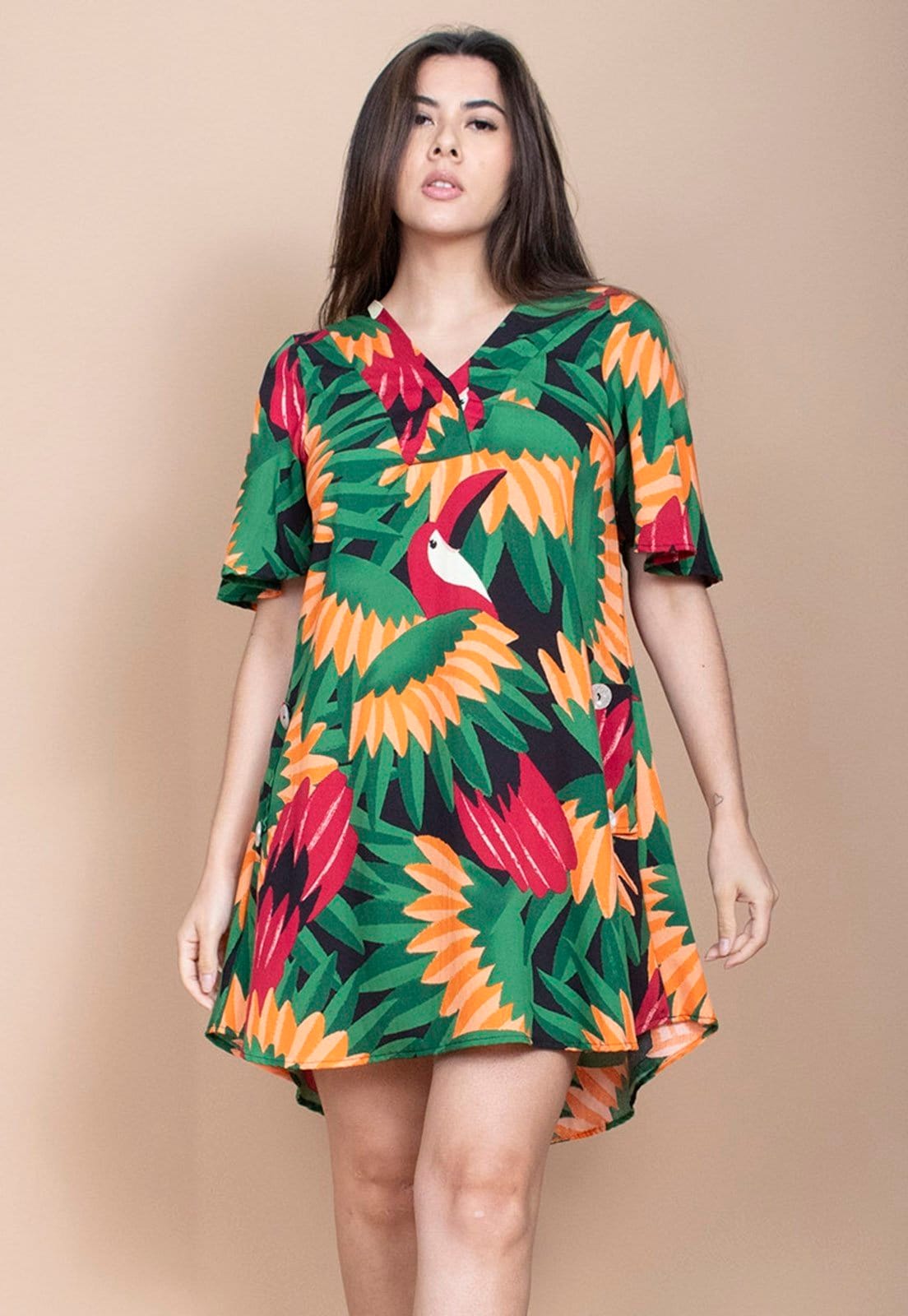 Vestido Curto Cabanafree Pataxô Viscose Mullet Decote V Festa dos Tucanos