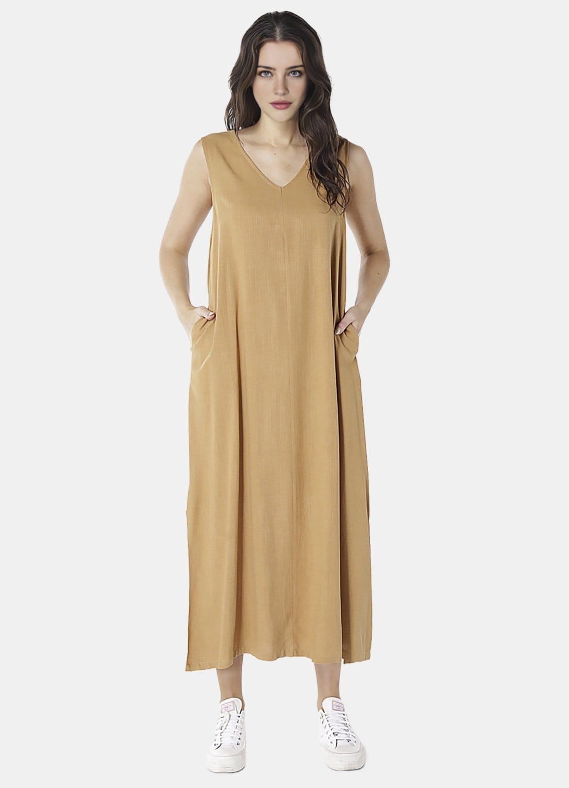 Vestido Longo de Linho Terracota Gola V com Bolsos