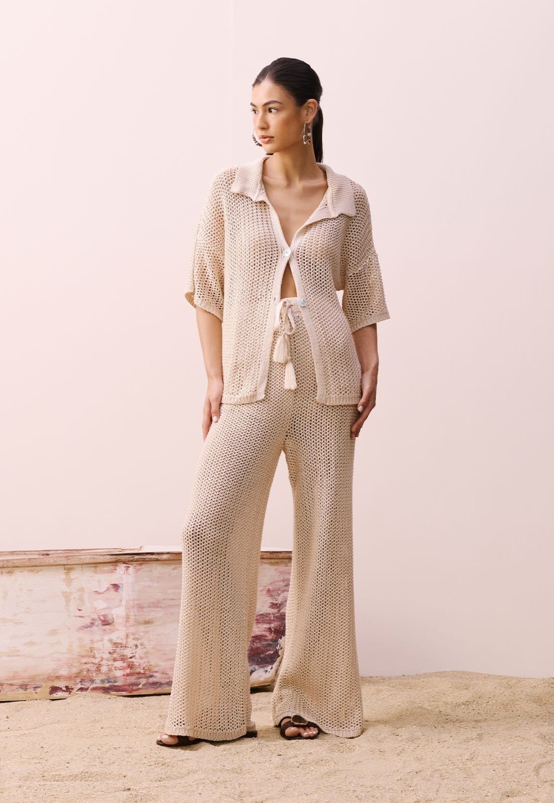 Calça Ampla Rendada Tricot