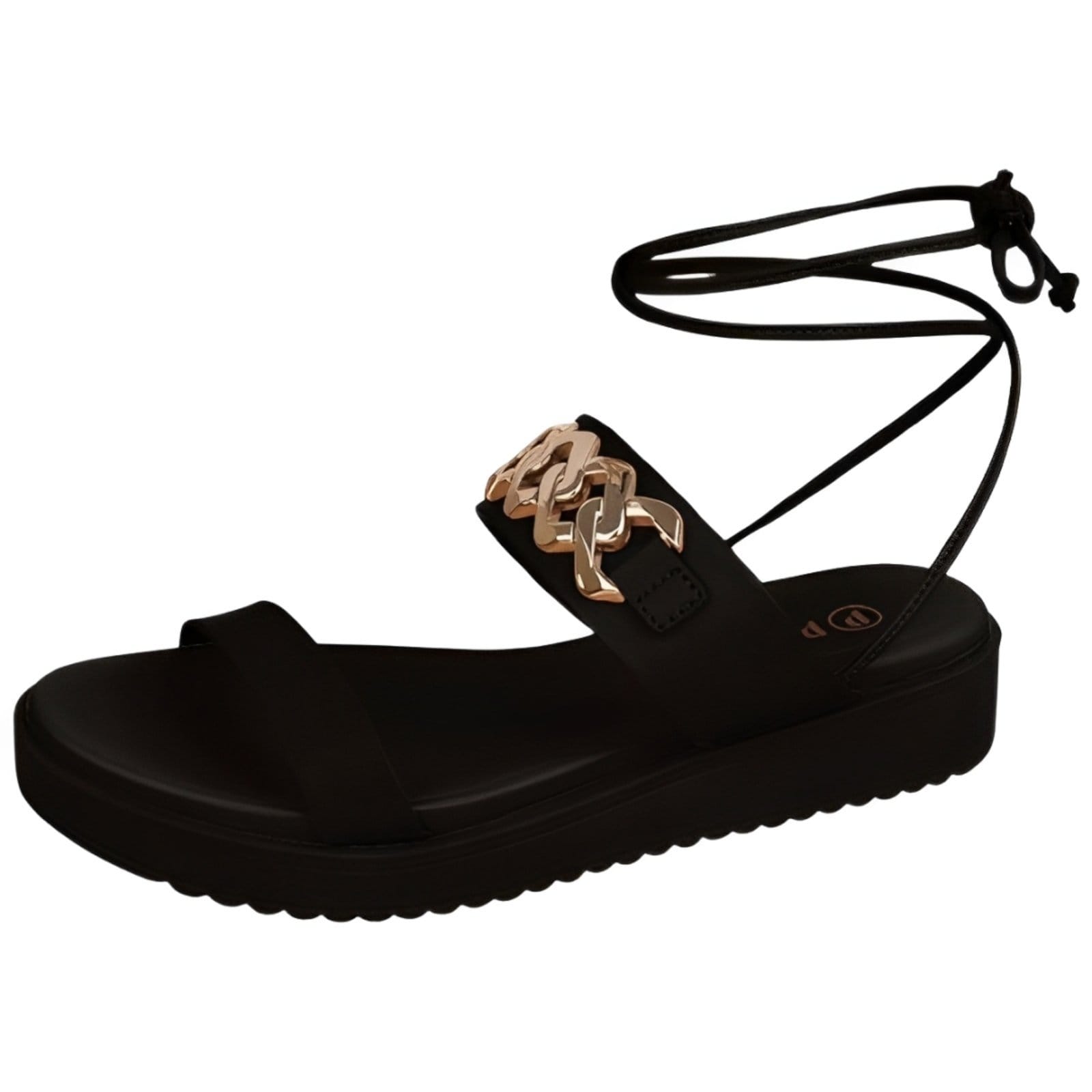 Sandália Feminina Papete Preta Amarração na Perna Corrente Dourada