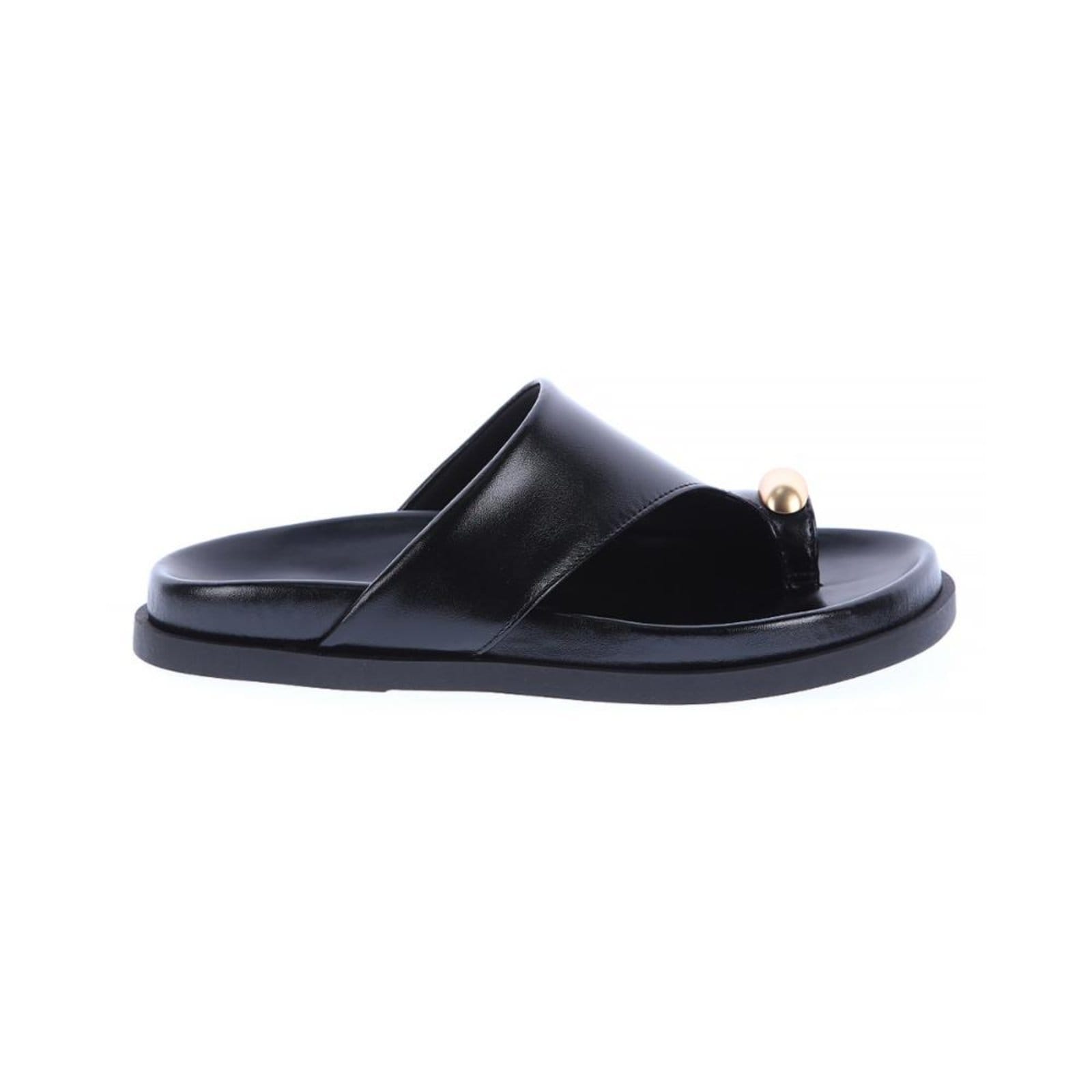 Olga - Rasteira Feminina Preta Dedo com Detalhe Dourado