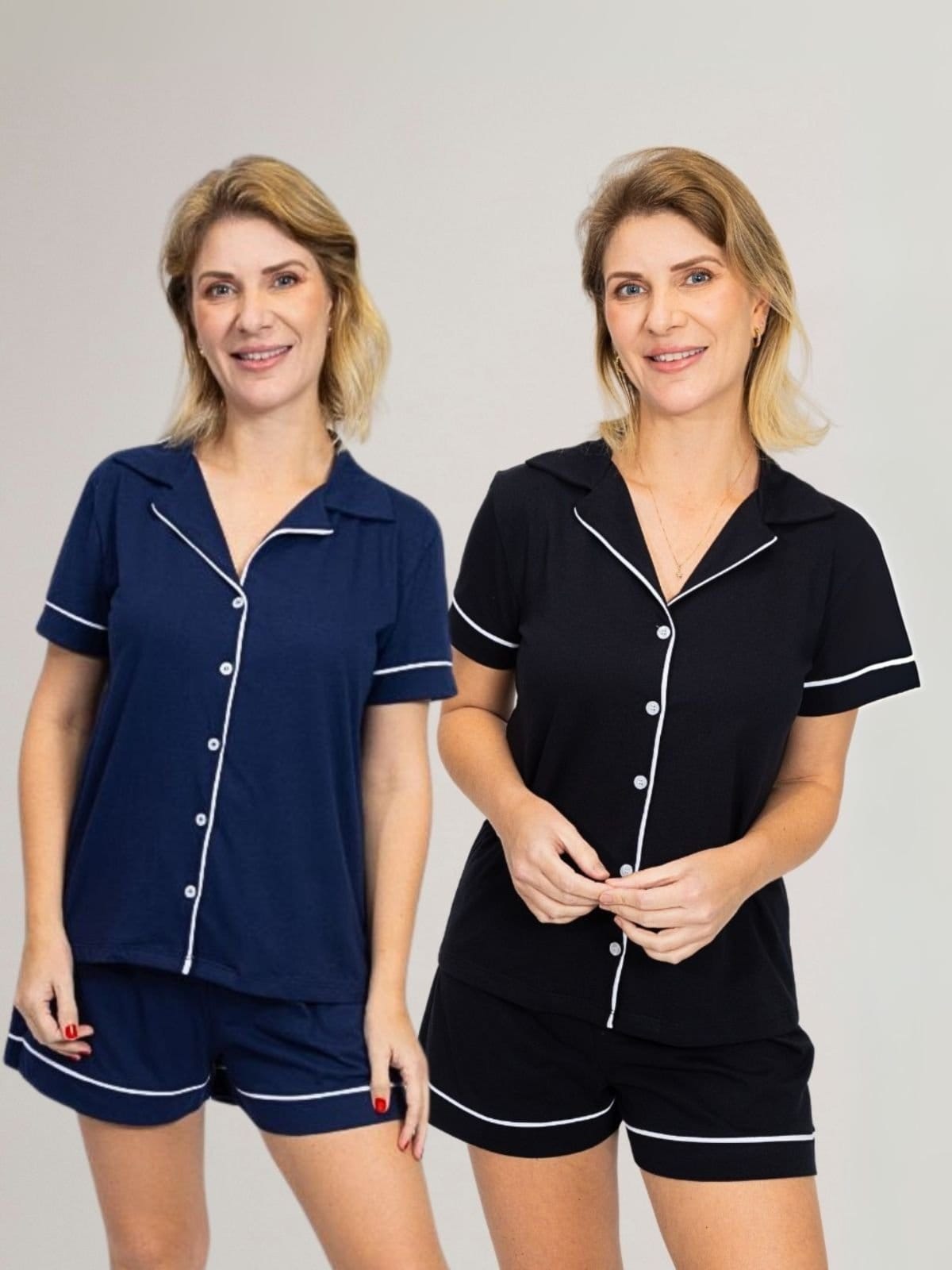 KIT Pijama Americano Curto Preto + Pijama Americano Curto Marinho