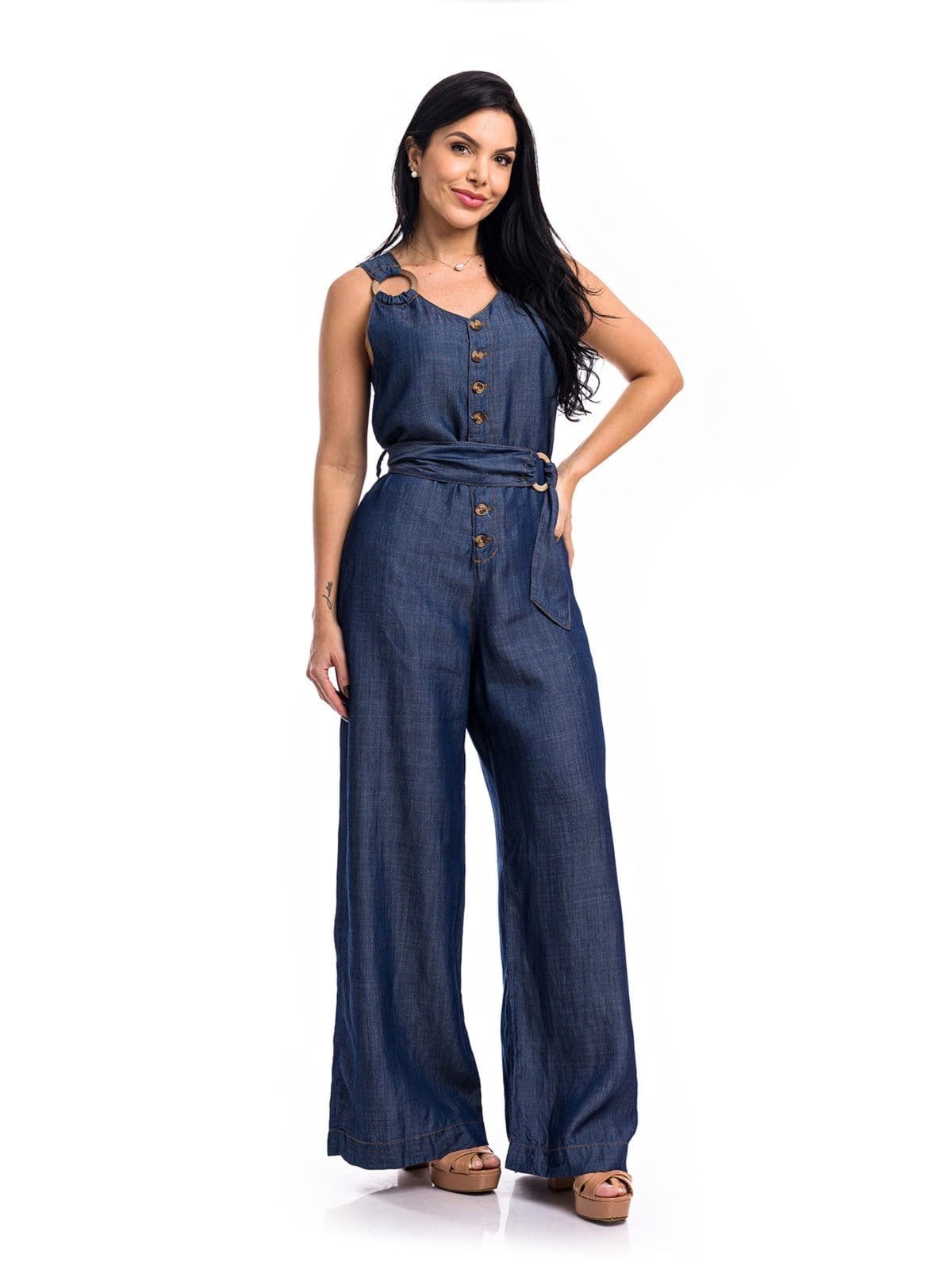 Macacão Restrito Jeans Pantalona Liocel Premium - AZUL ESCURO