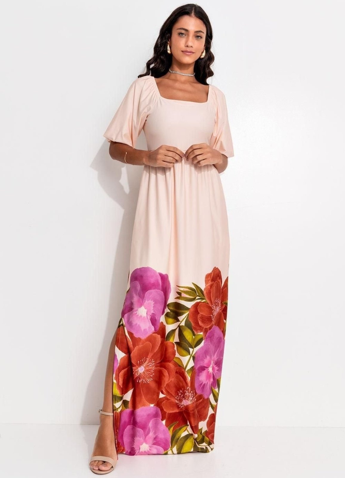 Imagem principal Vestido Malha Fria Floral Barrado Colorido Quintess bege