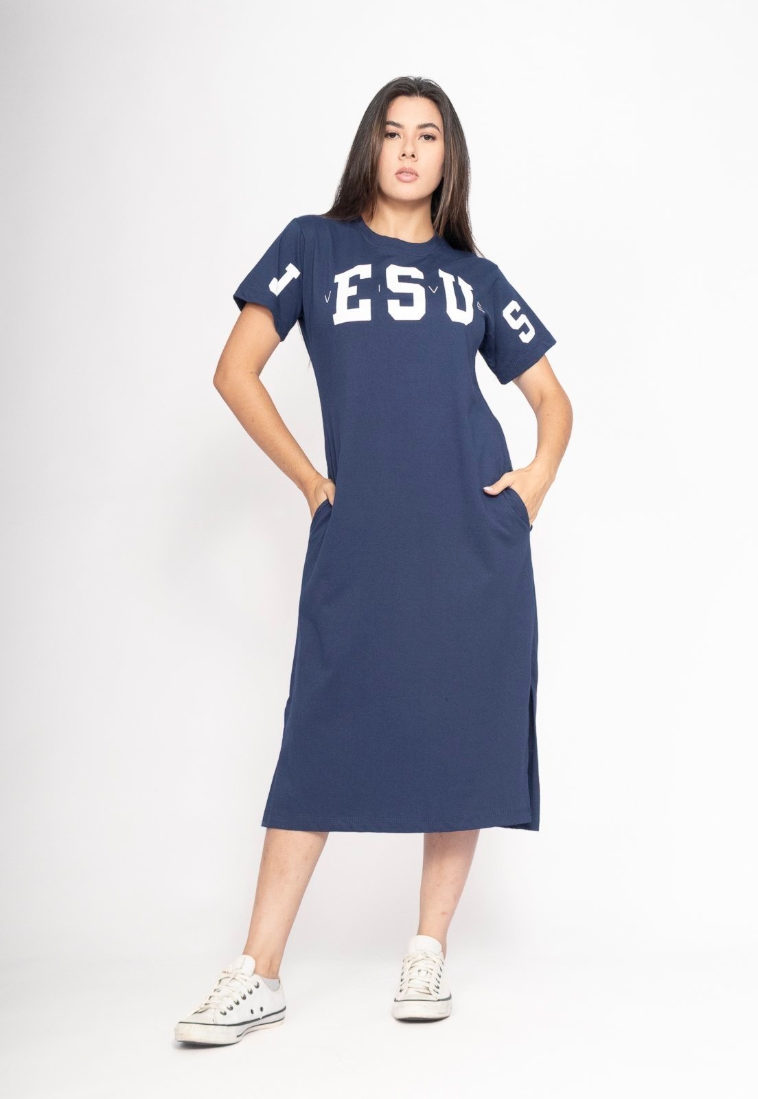 Imagem principal Vestido CabanaFree Midi Algodão Manga Curta Moda Evangélica Profundo Cabanafree azul