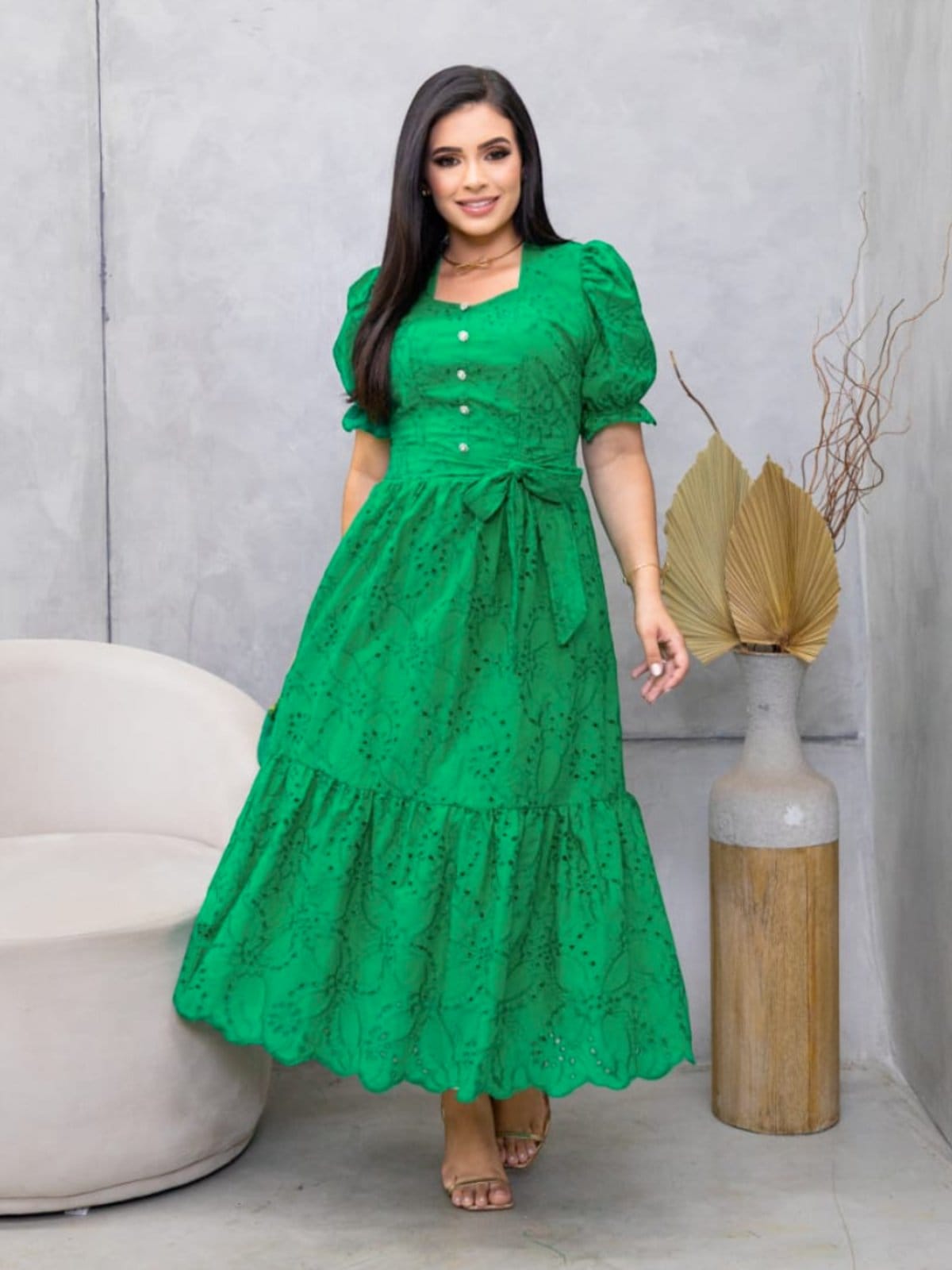 Vestido Festa Midi Soltinho Elegante Moda Evangélica Verde Bandeira