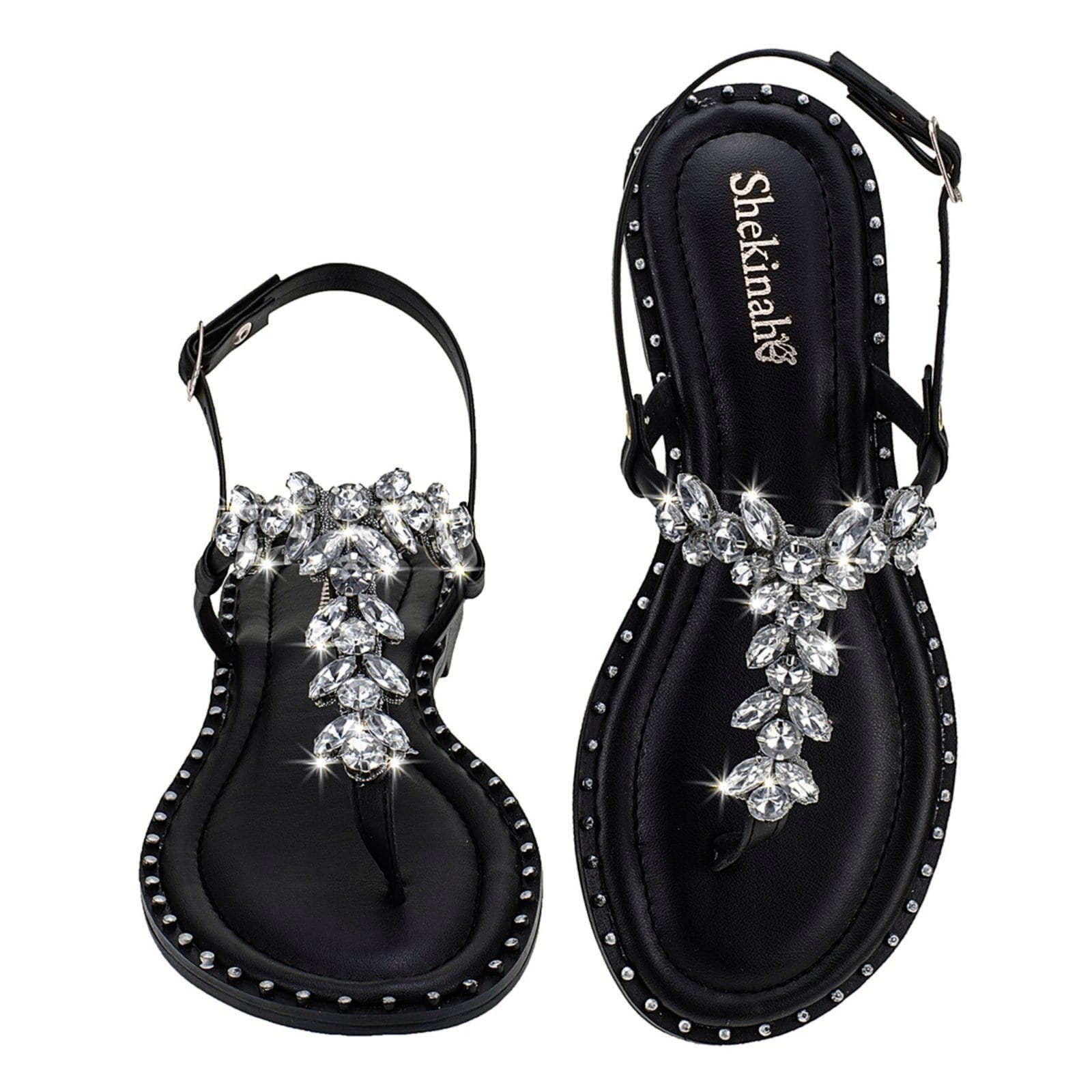 Sandália Feminina Rasteira Rasteirinha Shekinah Pedraria Brilho Brilhante Sola Tachas Confortável Leve Moda