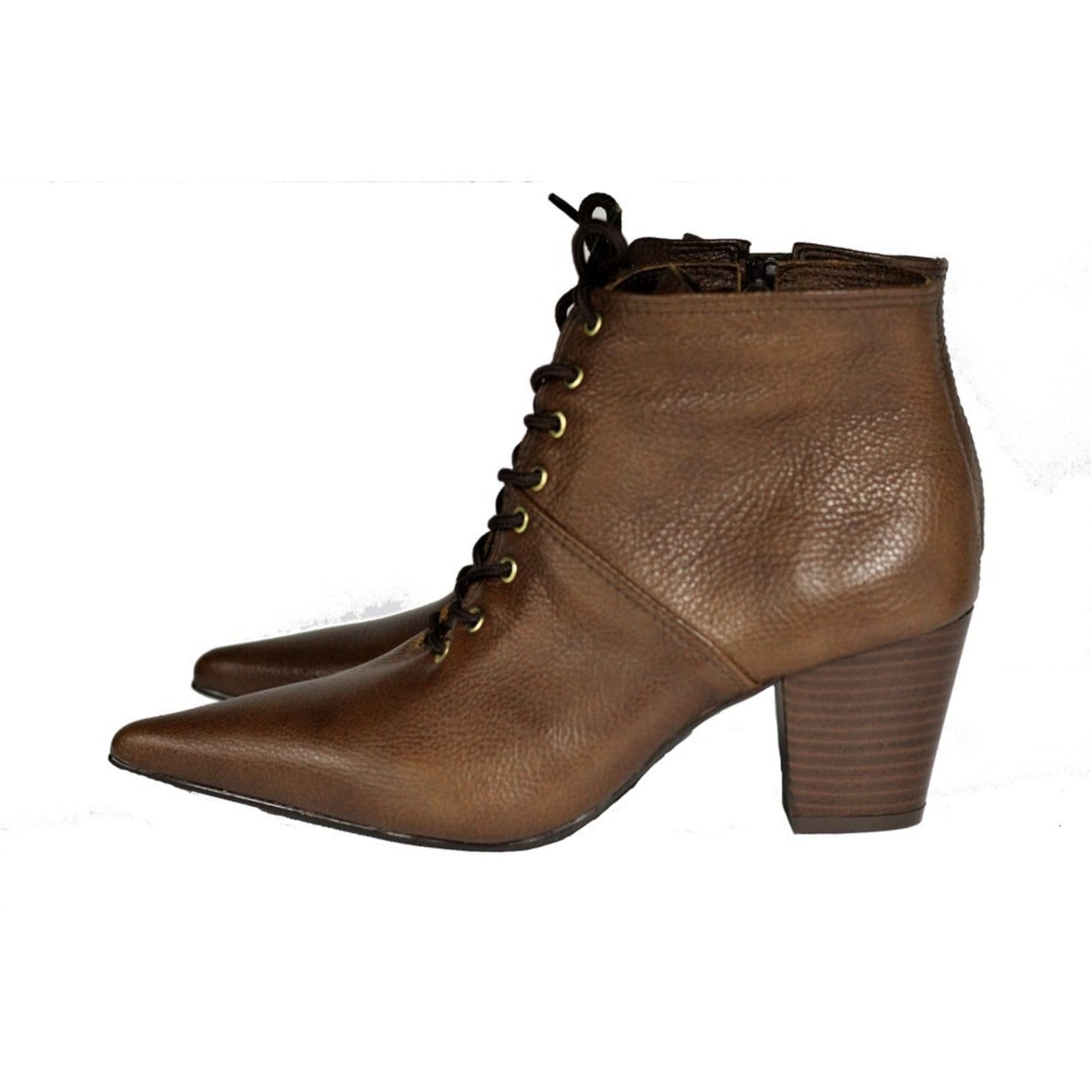 Bota Feminina com Cadarço Bico Fino Cano Curto Couro Salto 6 cm Camel