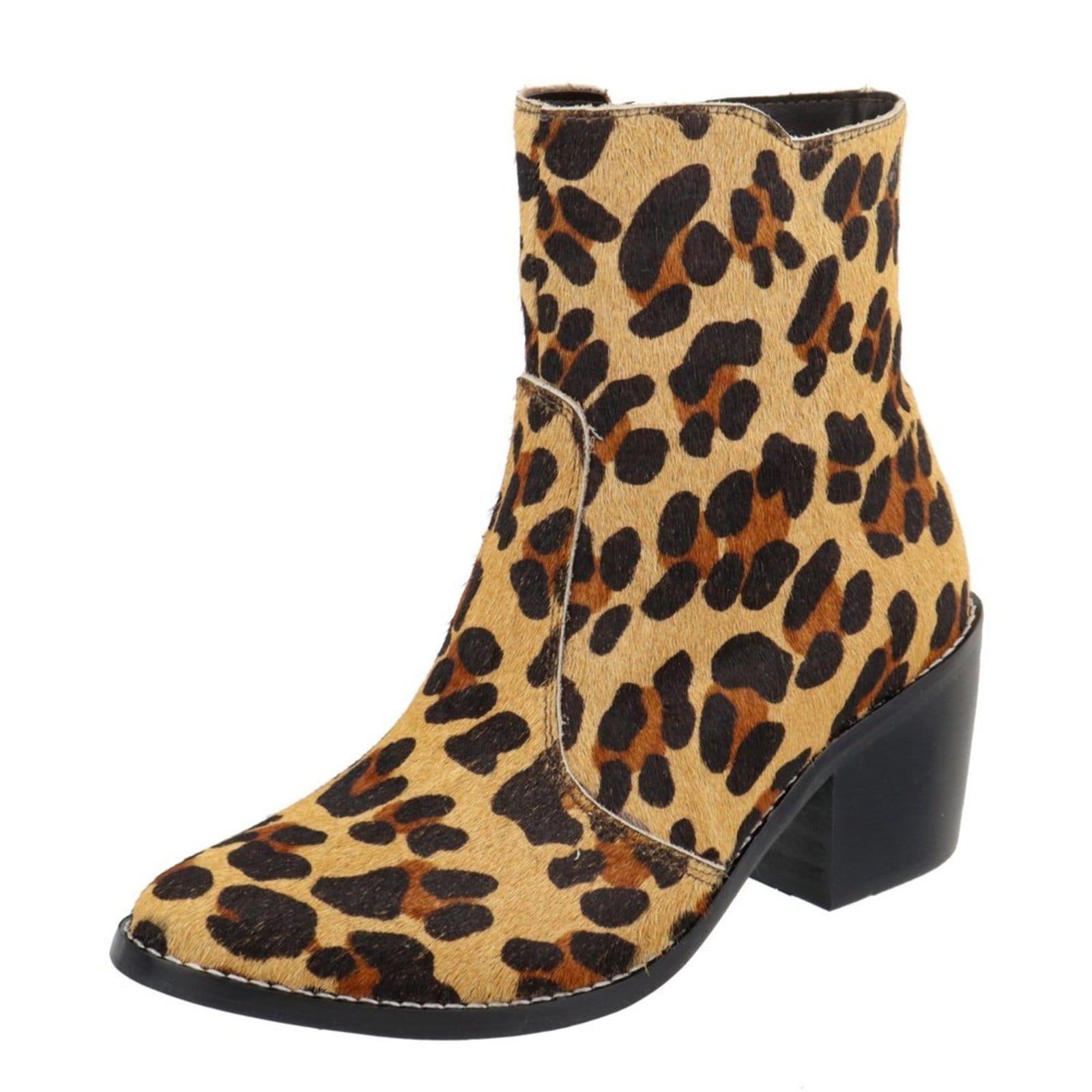 Bota Couro Bico Fino Cano Curto Animal Print