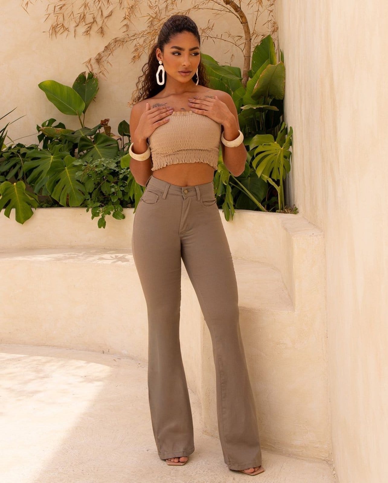 Calça Sarja Feminina Flare Cintura Alta 25098 Caqui