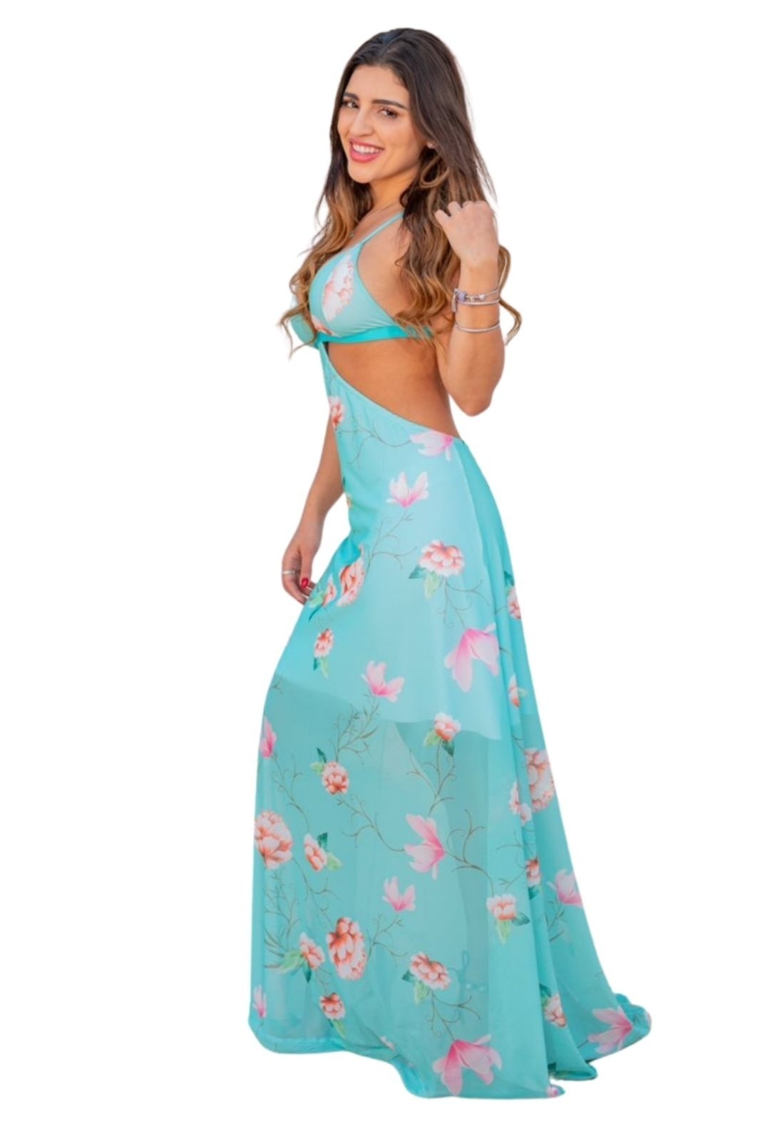 Imagem principal Vestido de Verão Abertiura Premium Frente Única Longo Cia do Vestido azul/floral/rosa/verde/verde oliva