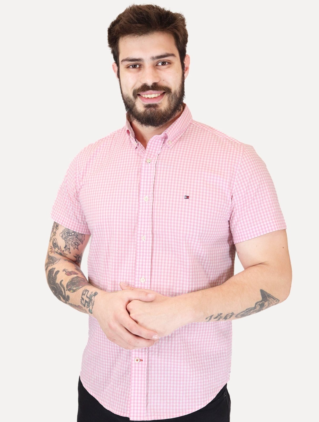 Imagem principal Camisa Tommy Hilfiger Masculina Manga Curta Xadrez Gingham Branca/Rosa Tommy Hilfiger xadrez rosa