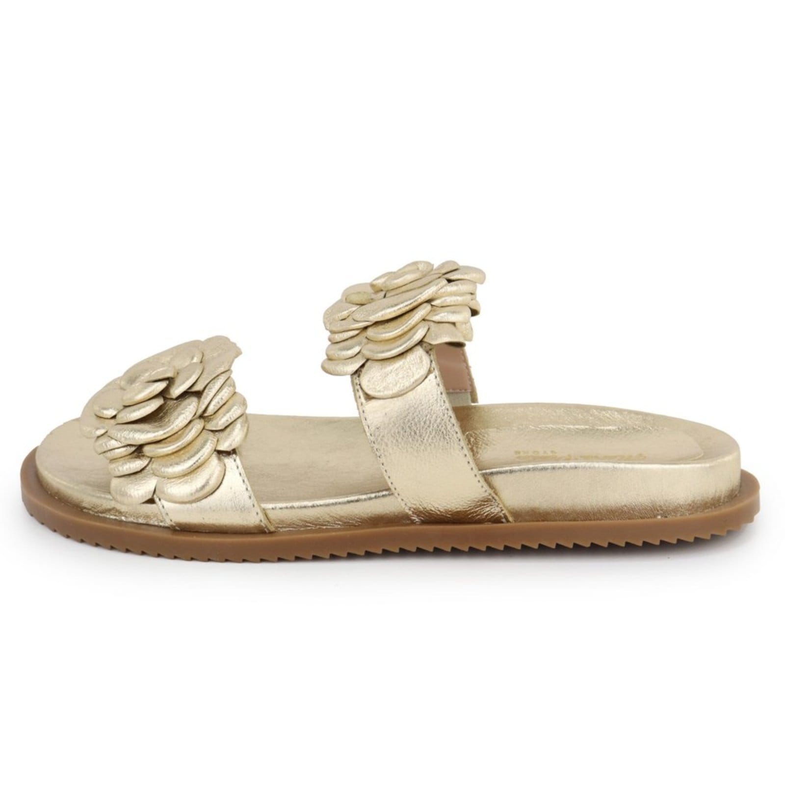 Sandália Papete Flatform Detalhe Flor Feminina Tratorada em Couro Maria Paula Ouro Light