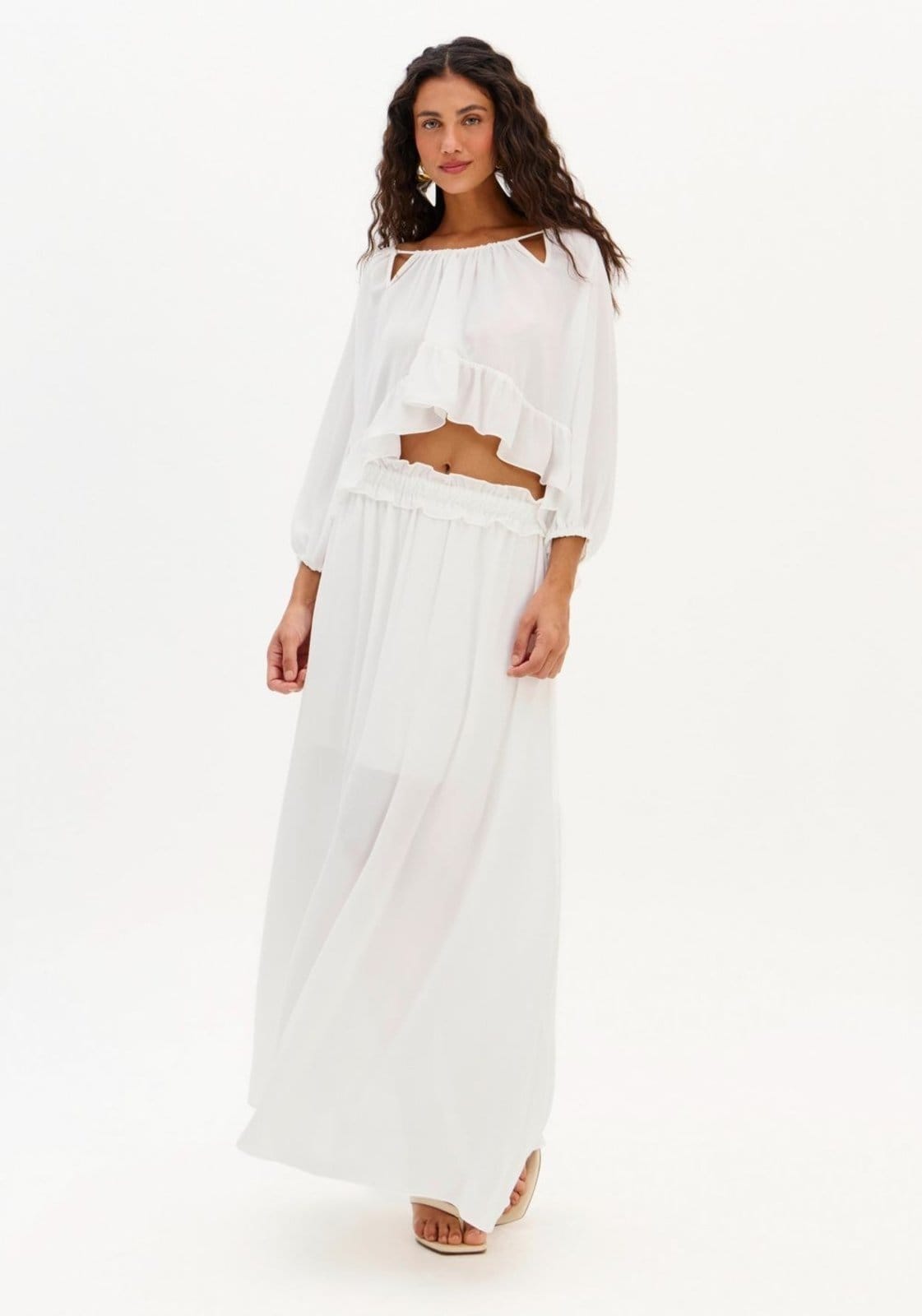 Saia Super Midi Evasê Cós De Babado