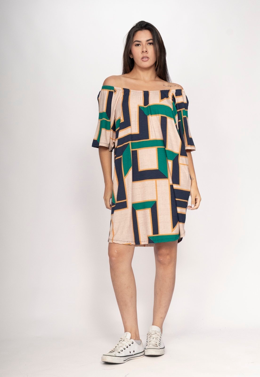 Imagem principal Vestido CabanaFree Curto Malha Ombro a Ombro Mullet Amplo Estampa Chapada de Areia Cabanafree estampado