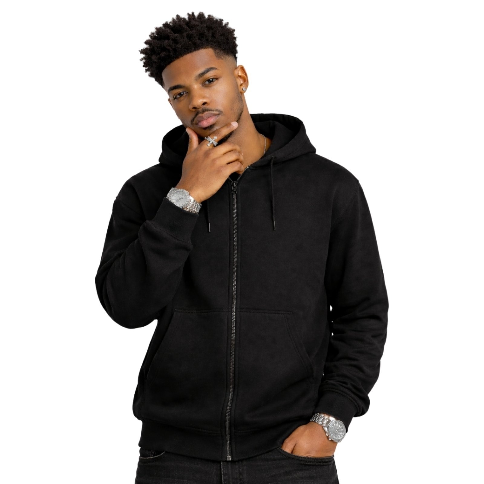 Imagem principal Jaqueta De Moletom Ziper Blusa Masculina Com Bolso e Capuz Liso Relaxado preto