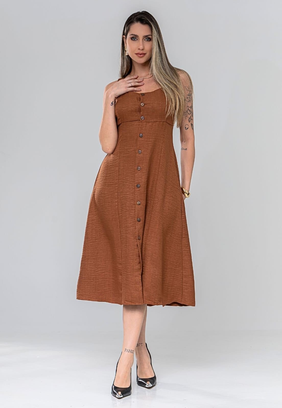 Vestido Mid Regata Fechamento Com Botões Frontais Moda Verão Casual Amarração Ajuste Confortável