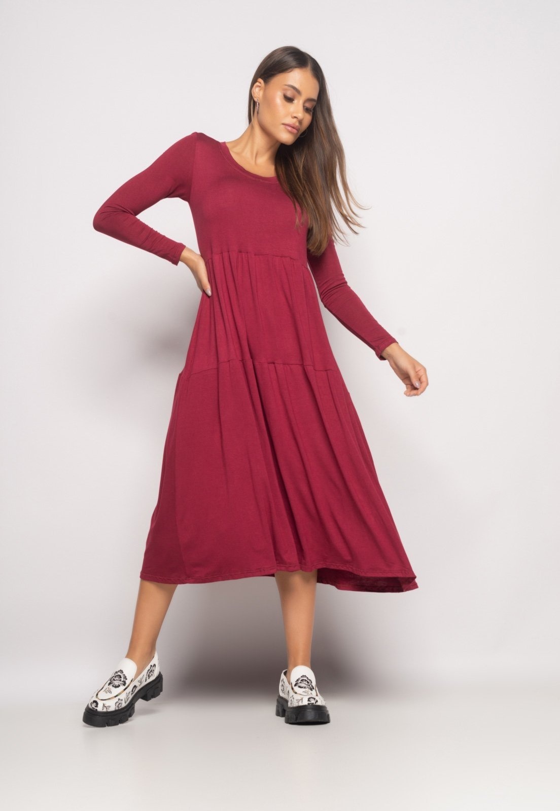 Imagem principal Vestido Midi Manga Longa Com Babado Malha Salvatore Vinho Salvatore Fashion vermelho