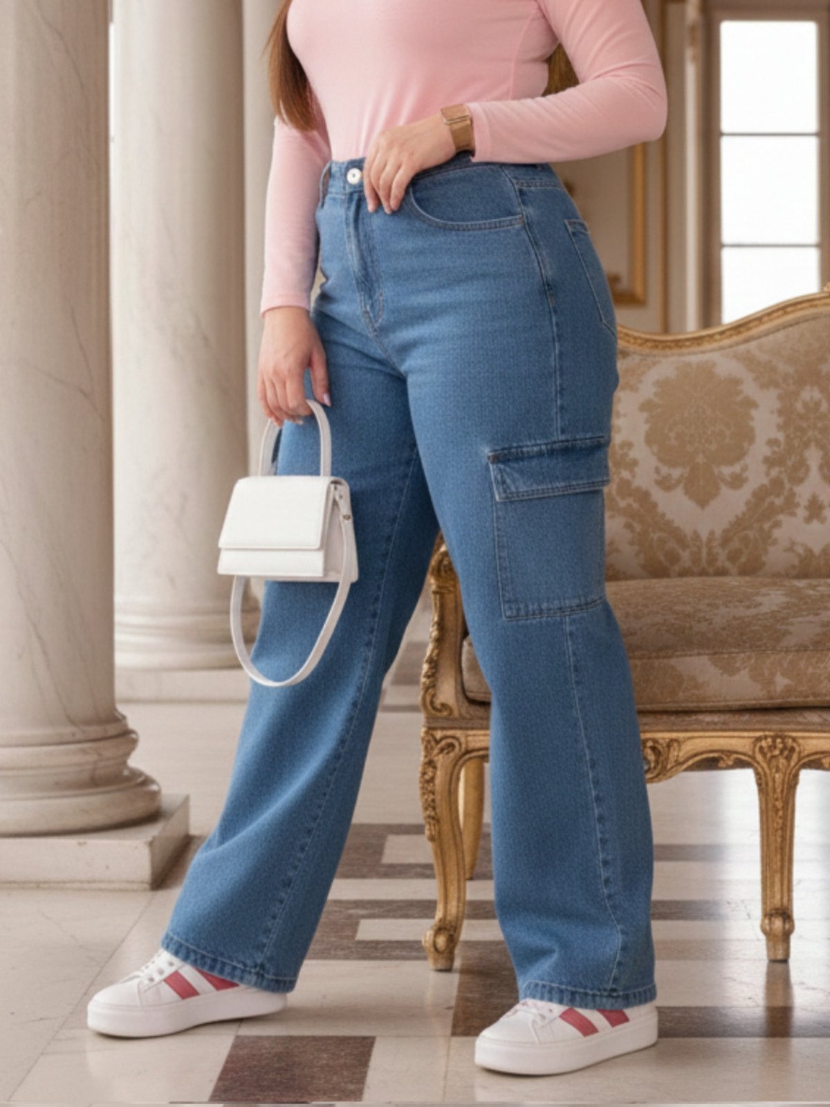 Imagem principal Calça Widleg Cargo CCW Capital Média Feminina Básica e Confortável CCW CENTRAL CAPITAL WEAR azul/jeans
