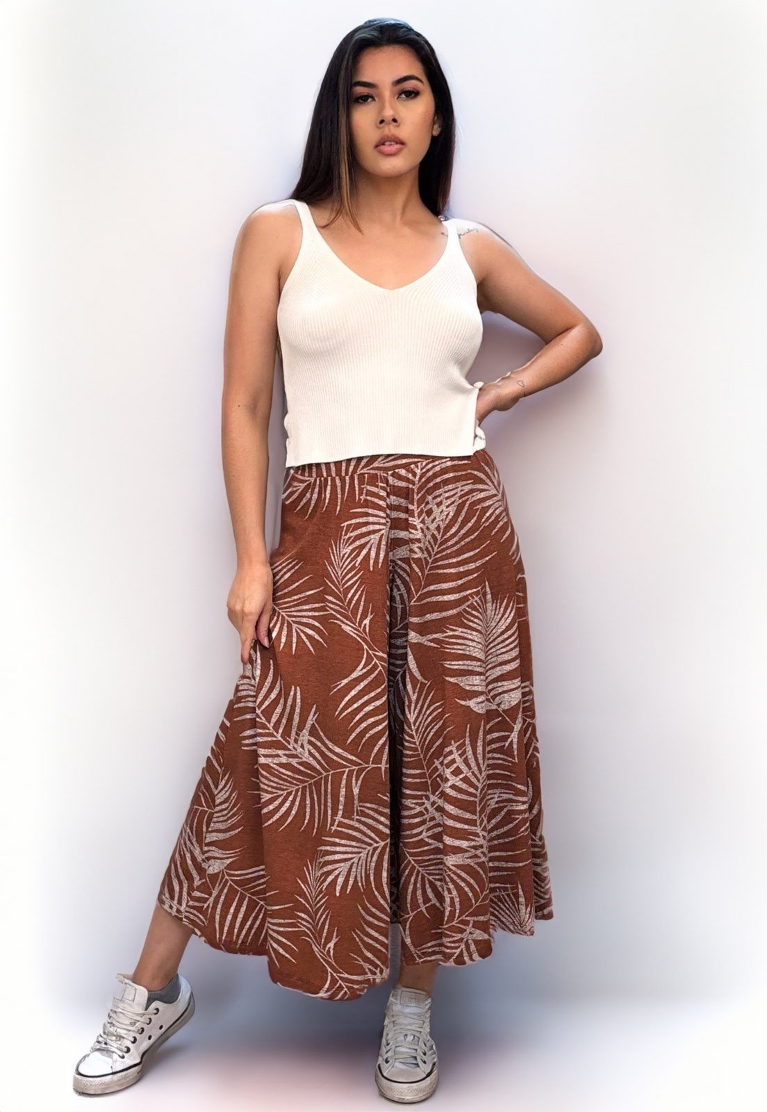 Imagem principal Calça Pantacourt Cabanafree Saia Malha Macaúba Estampa Palmas Terra Cabanafree marrom