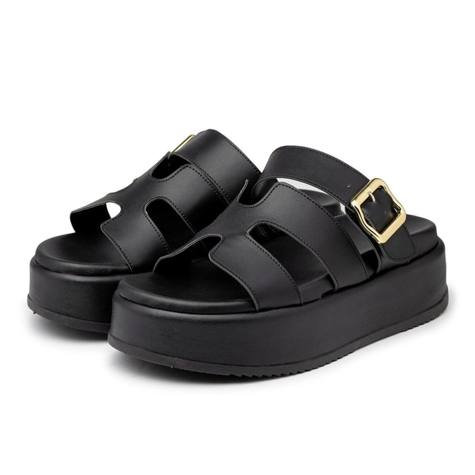 Sandália Feminina Papete Flatform Tira com Fivela 5301 Preta- Violeta Preto