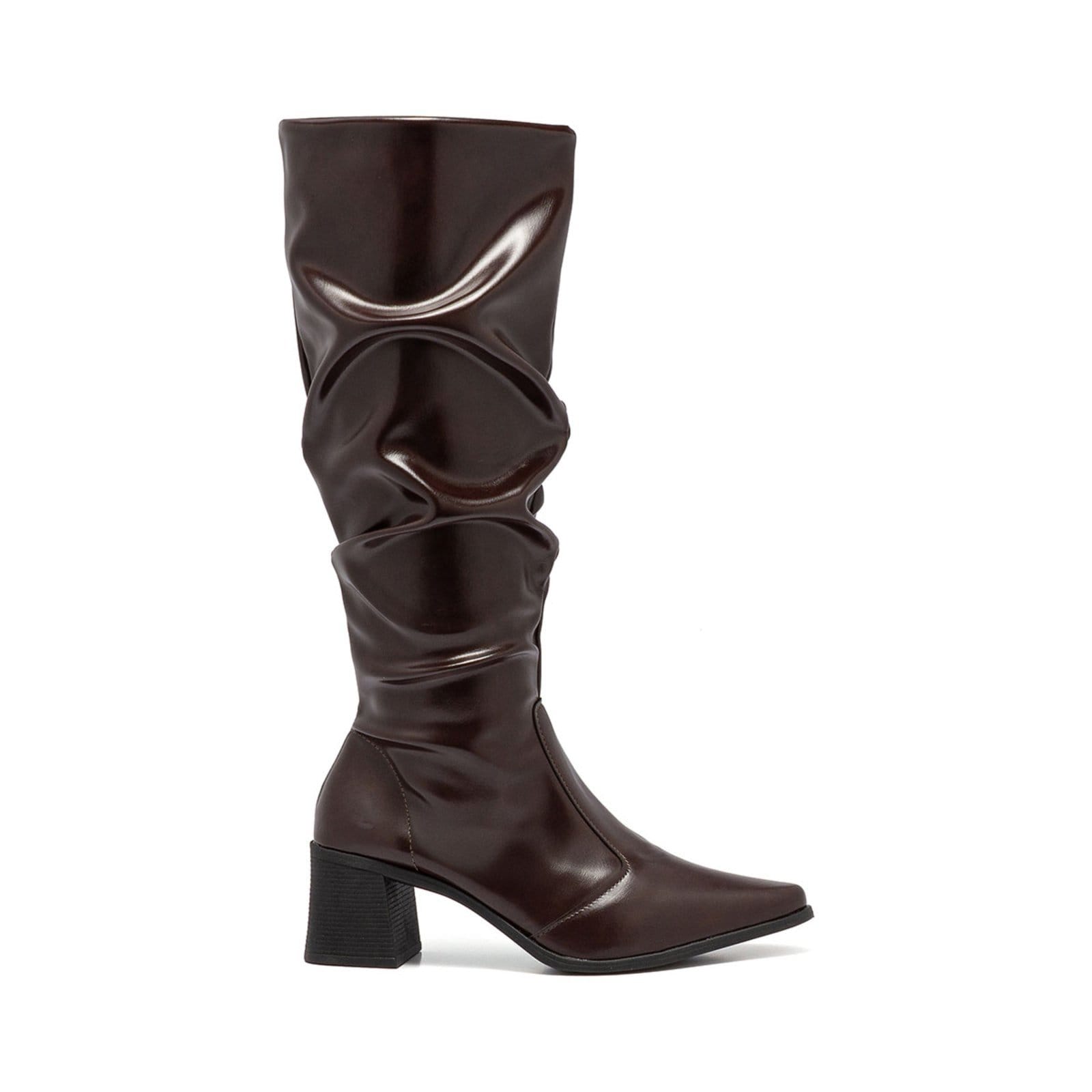 Bota Feminina Slouchy Stessy Cano Alto Confortável Bico Fino Enrugada Elegante Marrom Brownie