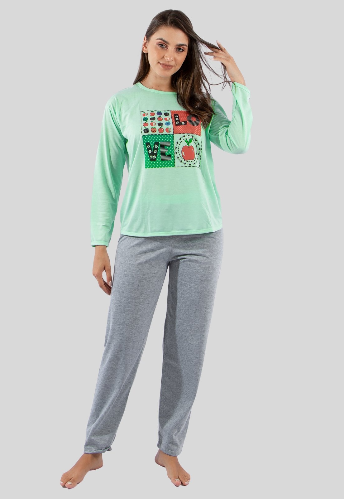 Imagem principal Pijama Longo Silk + Calça Cinza Diluxo Linha Noite verde