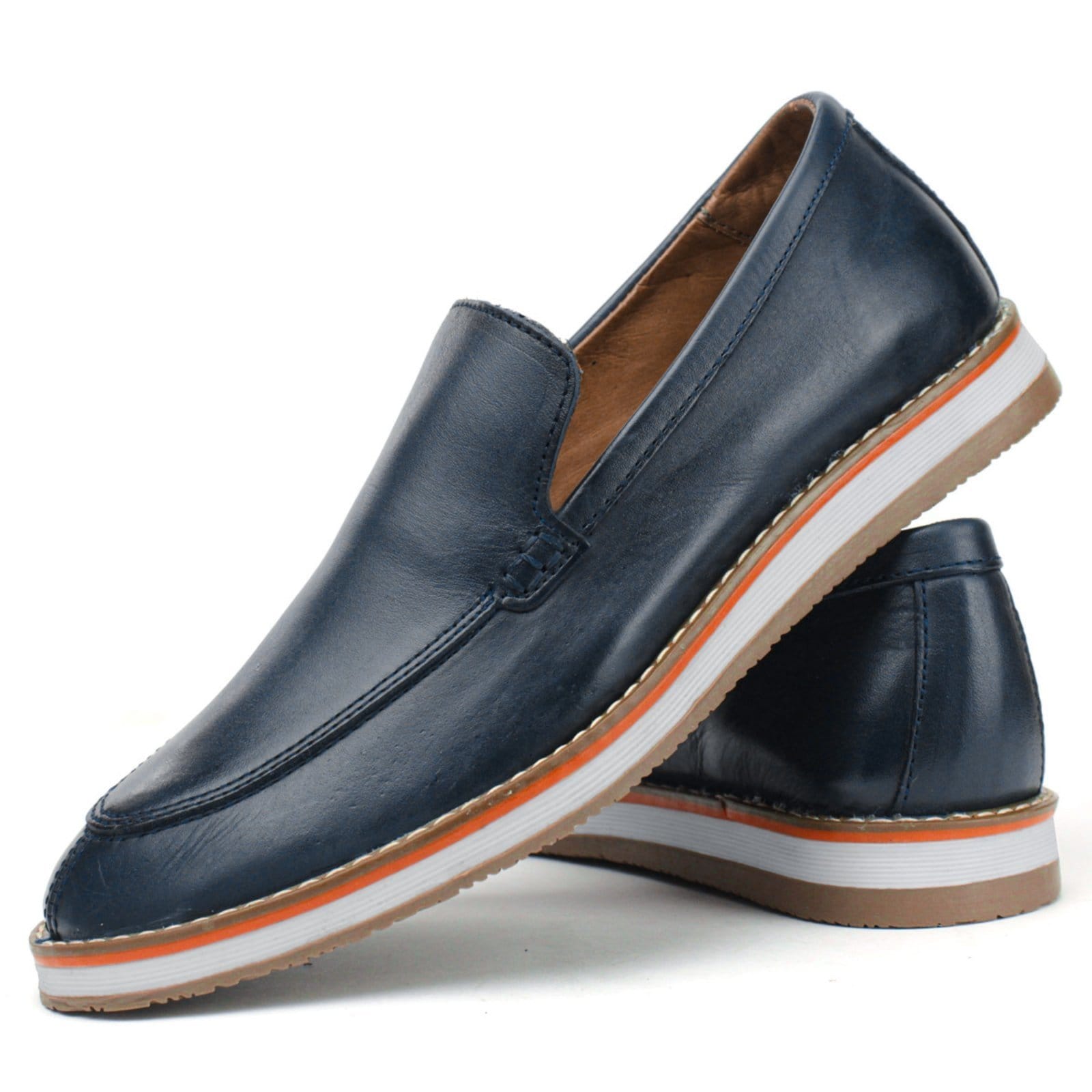 Sapato Social Loafer Couro Masculino Calce Fácil Forro Couro Leve Elegante Sofisticado Casual Marinho
