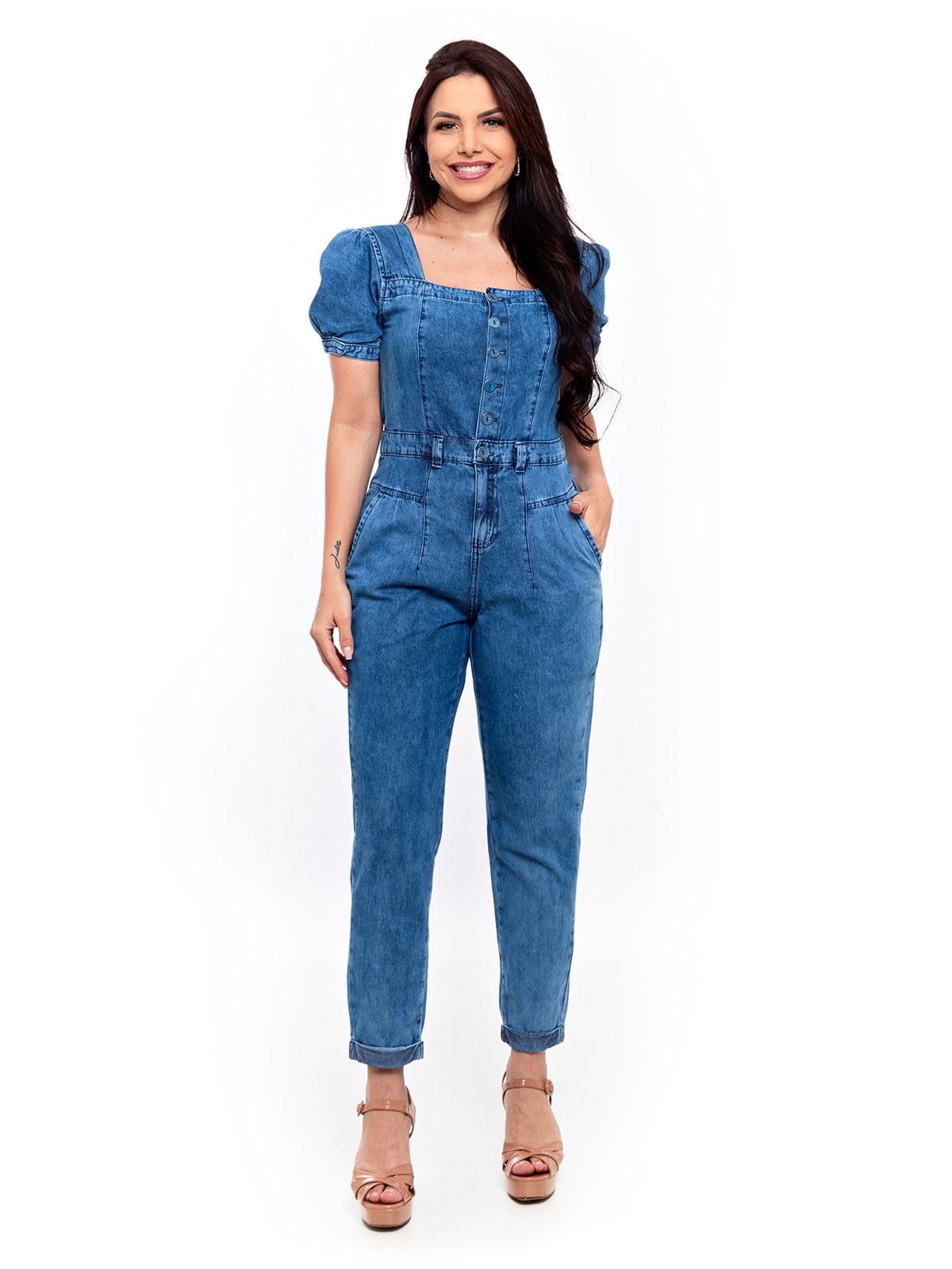 Macacão Slouchy Restrito Jeans Manga Princesa MÉDIO