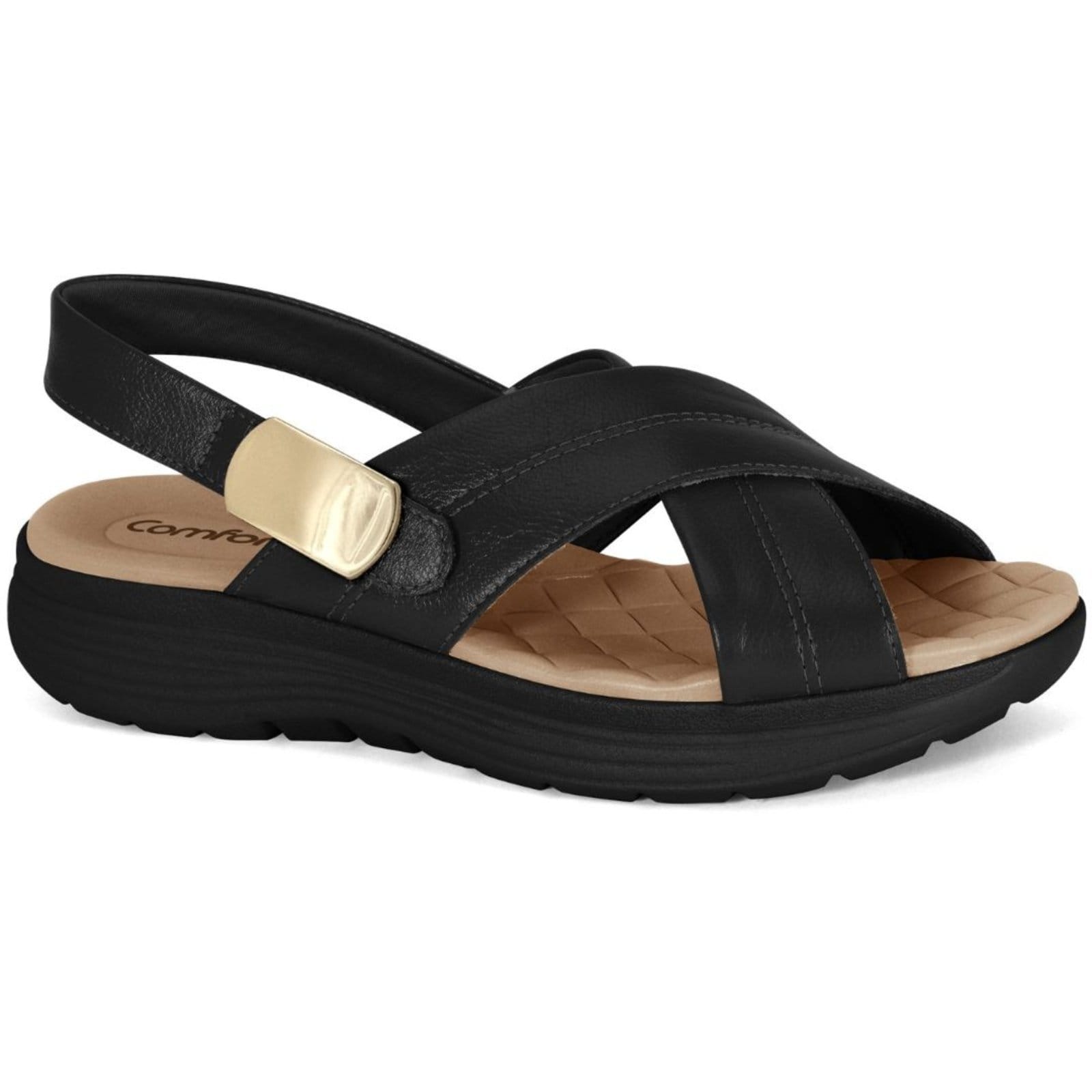 Sandália Feminina Couro Preta Sola EVA Comfortflex 2543405-2