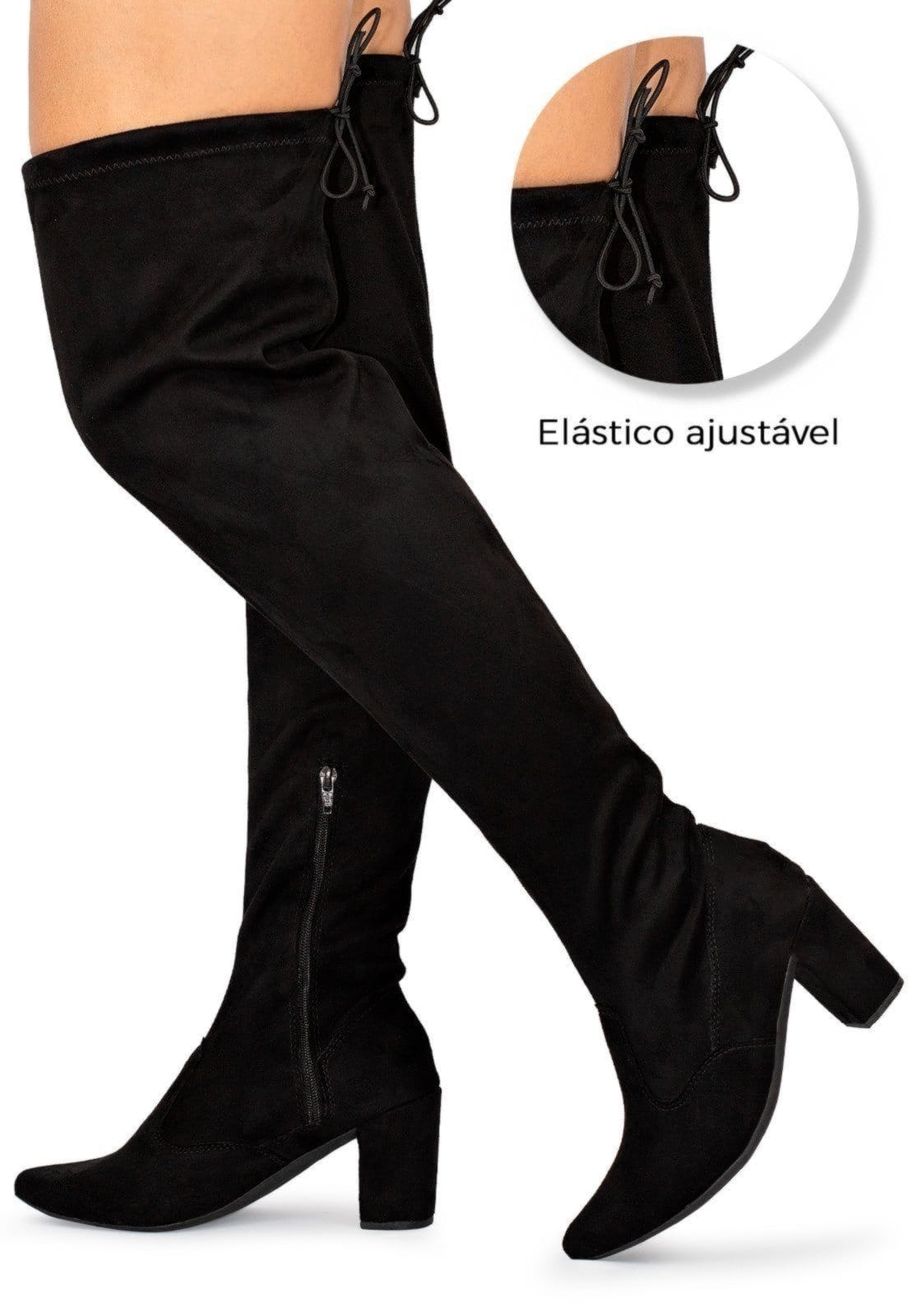 Bota Feminina Over The Knee Lumiss Cano Longo Salto Alto Grosso Confortável Stretch Elástico Bico Fino Camurça