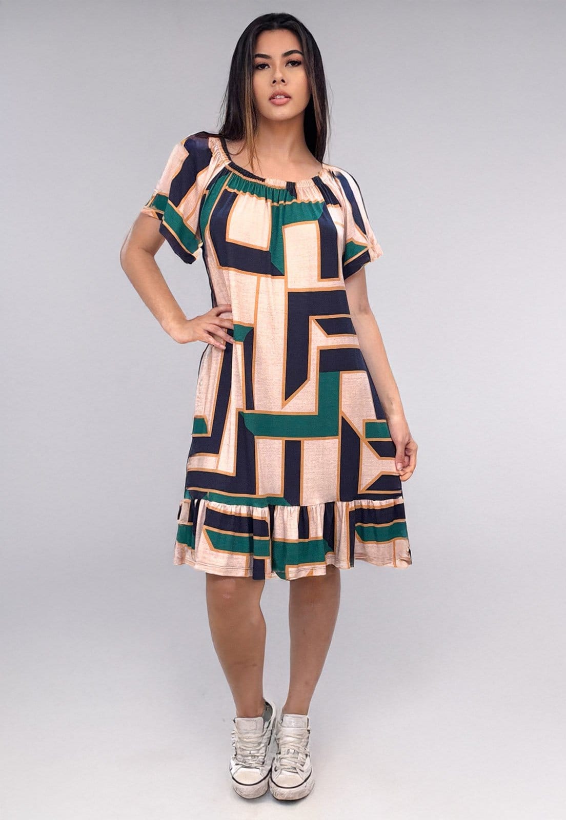 Vestido Curto Cabanafree Malha Mullet Ombro a Ombro Amplo Estampa Chapada de Areia