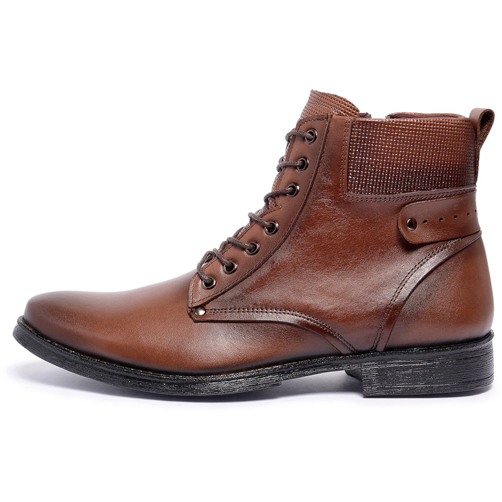 Bota Botina Coturno Ferrile em Couro Bico Redondo Zíper Café