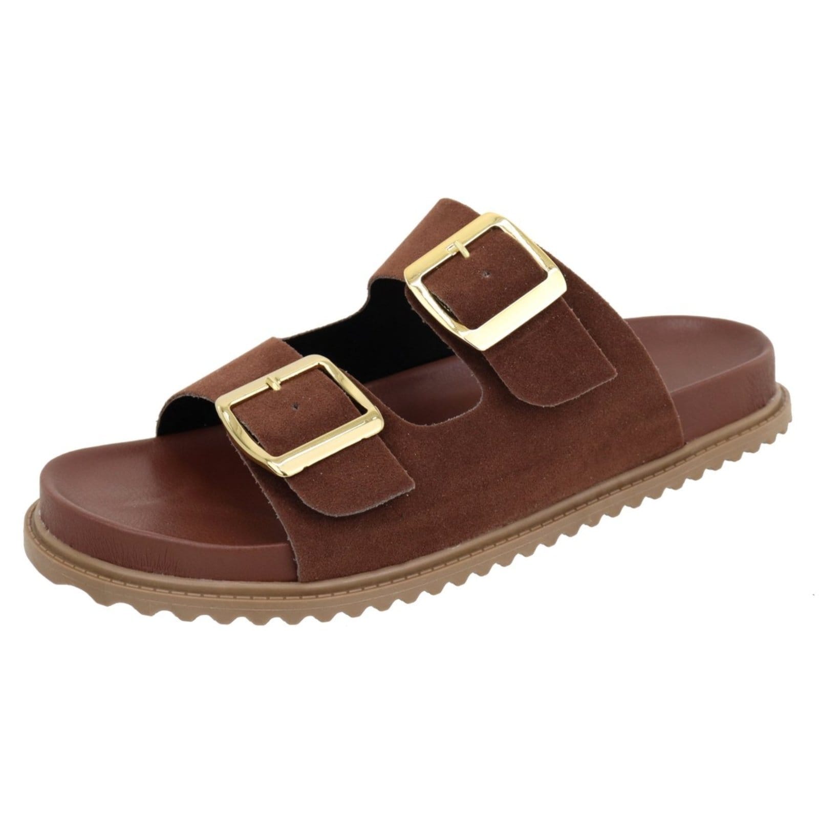 Papete Rasteira Feminina Paula B Em Camurça Com Detalhe Em Fivela De Metal Dourado Palmilha Confort Terra