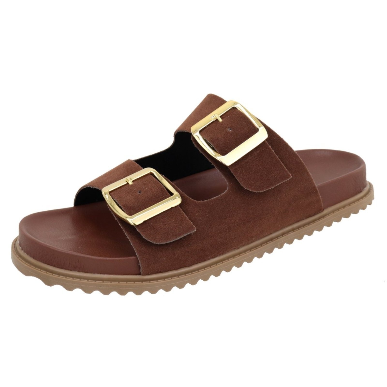 Imagem principal Papete Rasteira Feminina Paula B Em Camurça Com Detalhe Em Fivela De Metal Dourado Palmilha Confort Terra PAULA B marrom