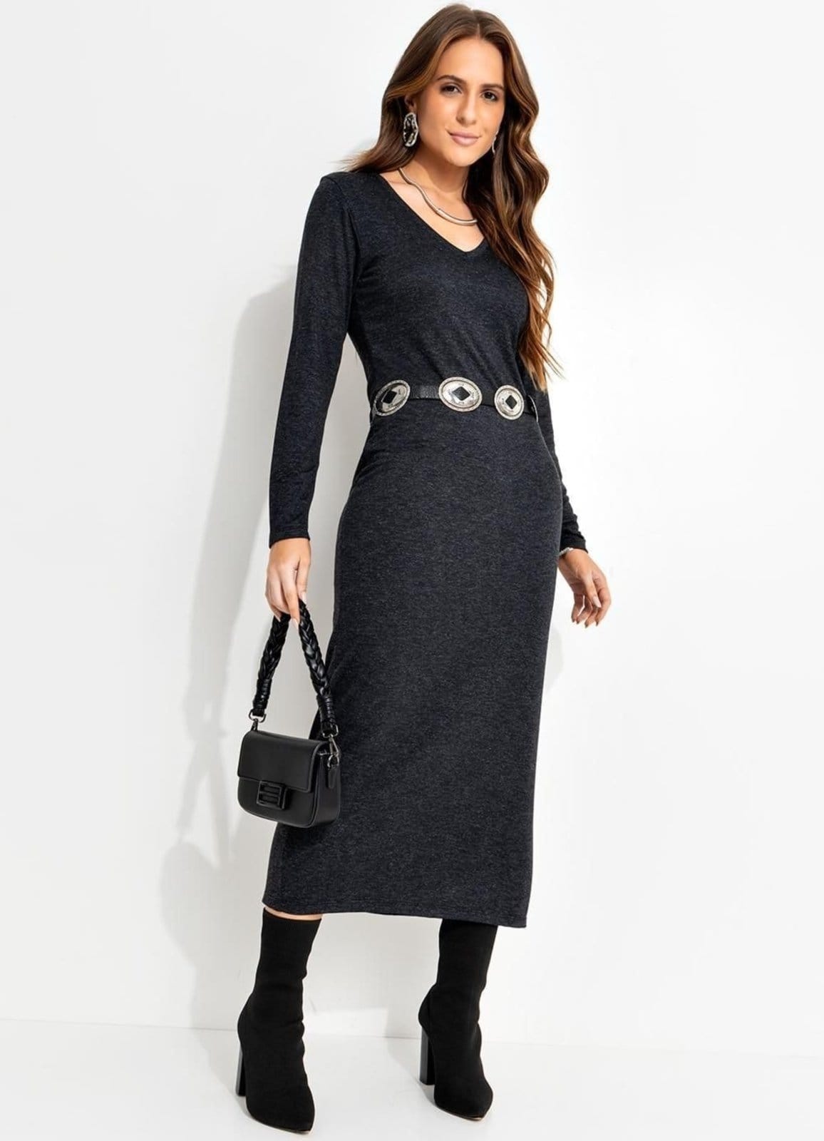 Vestido Feminino Mescla Escuro Em Moletinho De Viscose