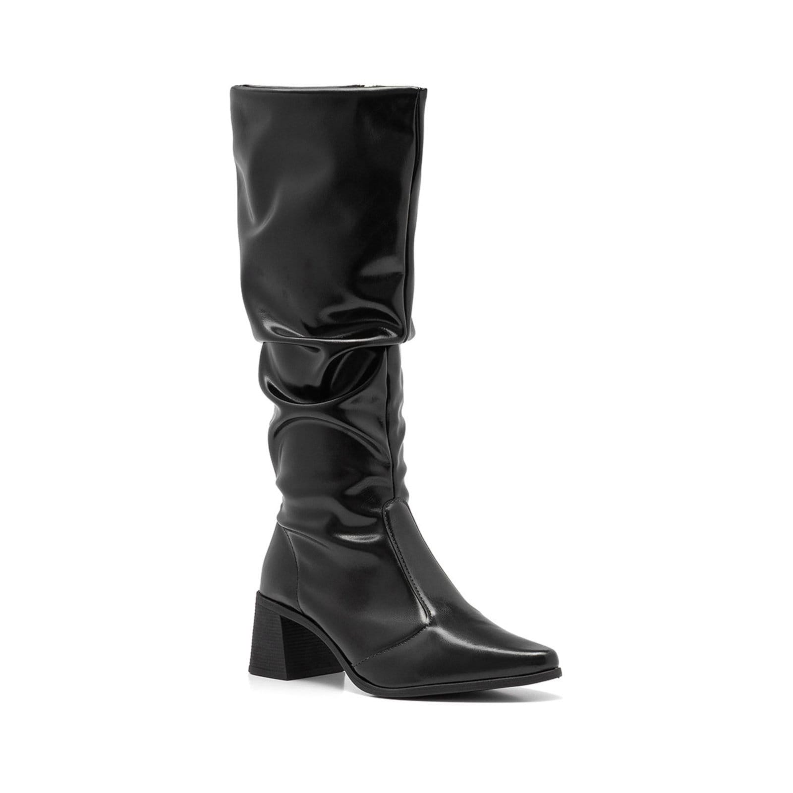 Bota Feminina Slouchy Stessy Cano Alto Confortável Bico Fino Enrugada Elegante Preta
