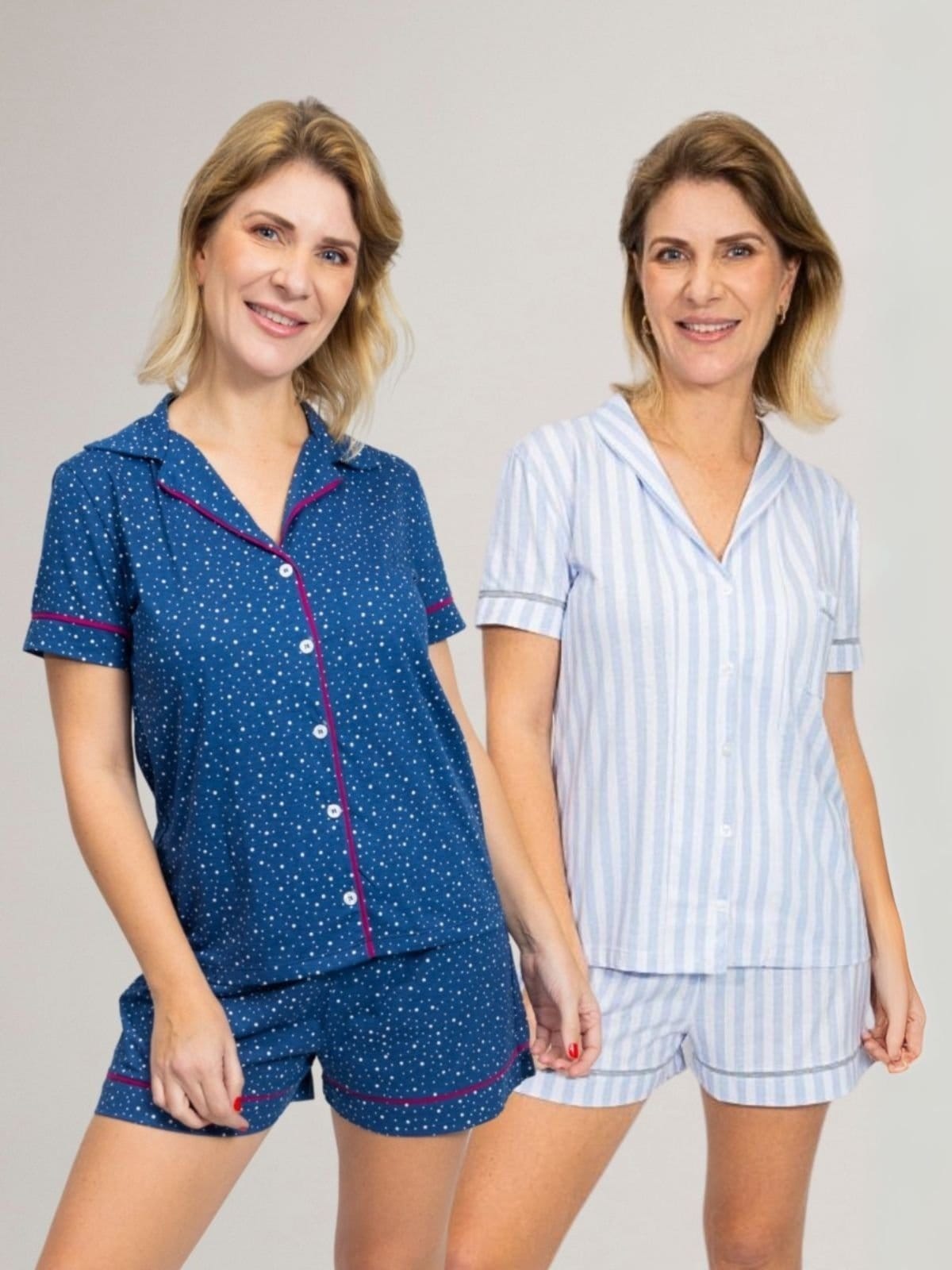 KIT Pijama Americano Curto Listrado e Pijama Americano Curto Poá Marinho