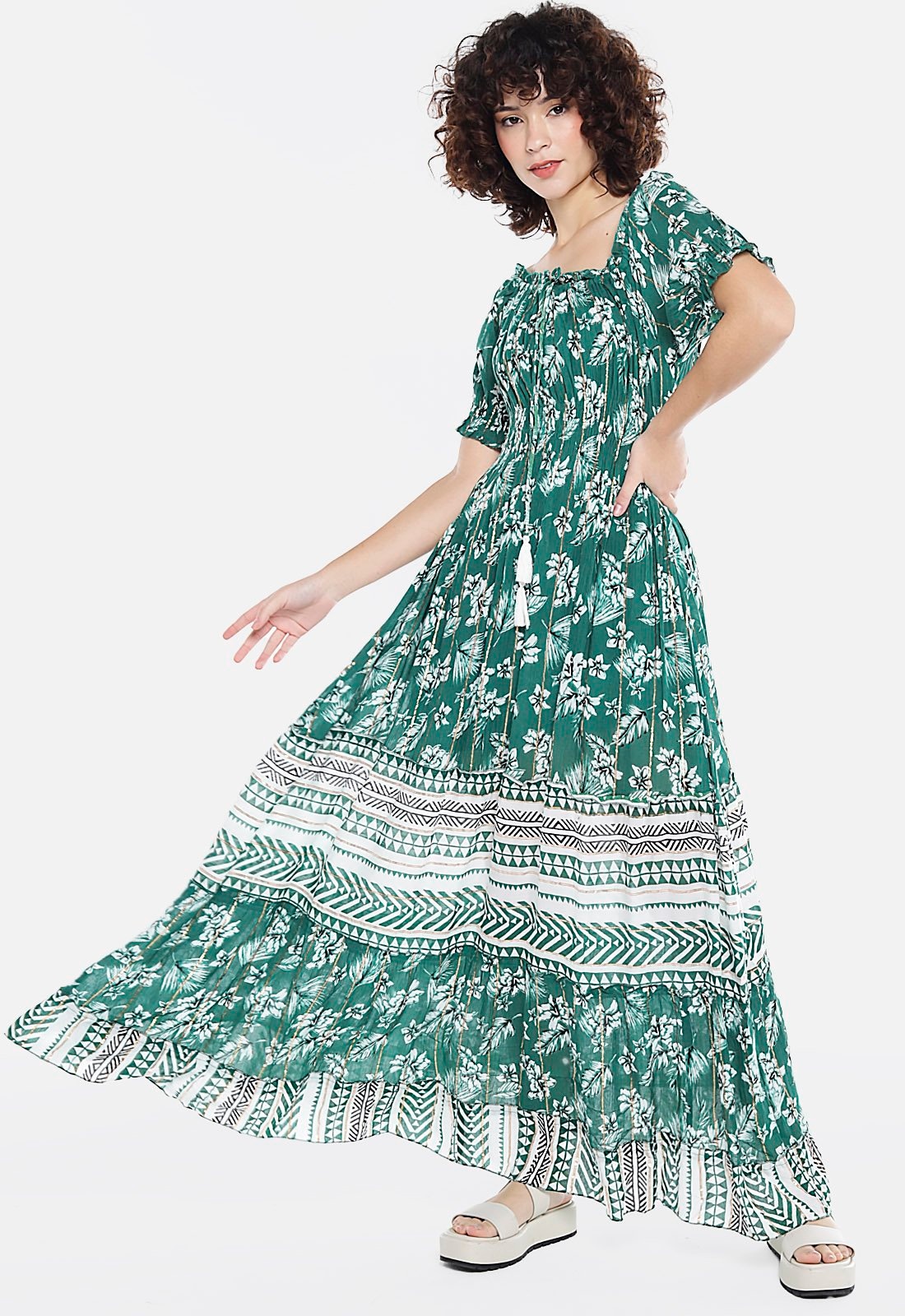 Imagem principal Vestido Longo com Mangas Estampado com Lurex SOB verde