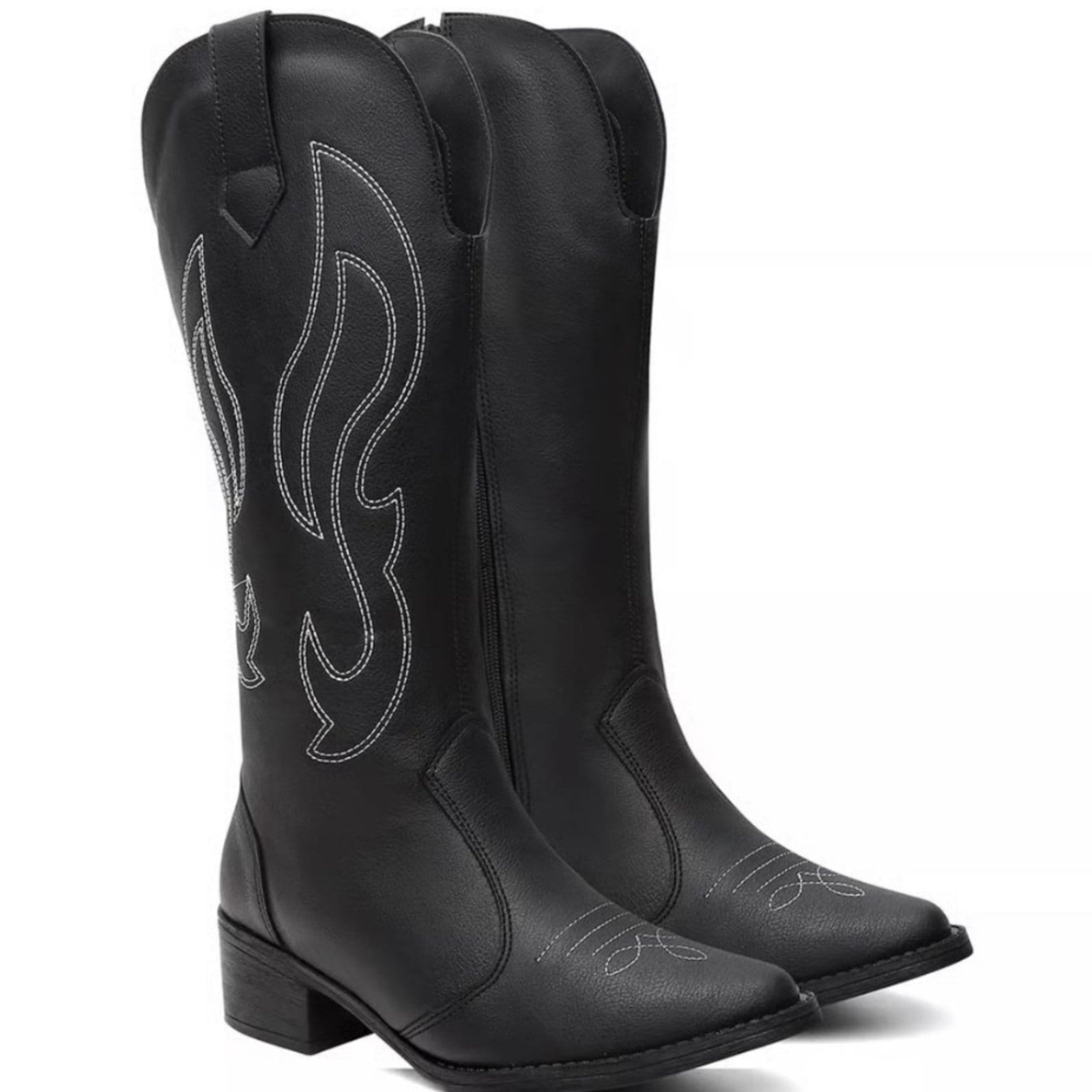 Bota Feminina Cano Alto Texana Western Bico Fino Bordada Salto Baixo Country Preta