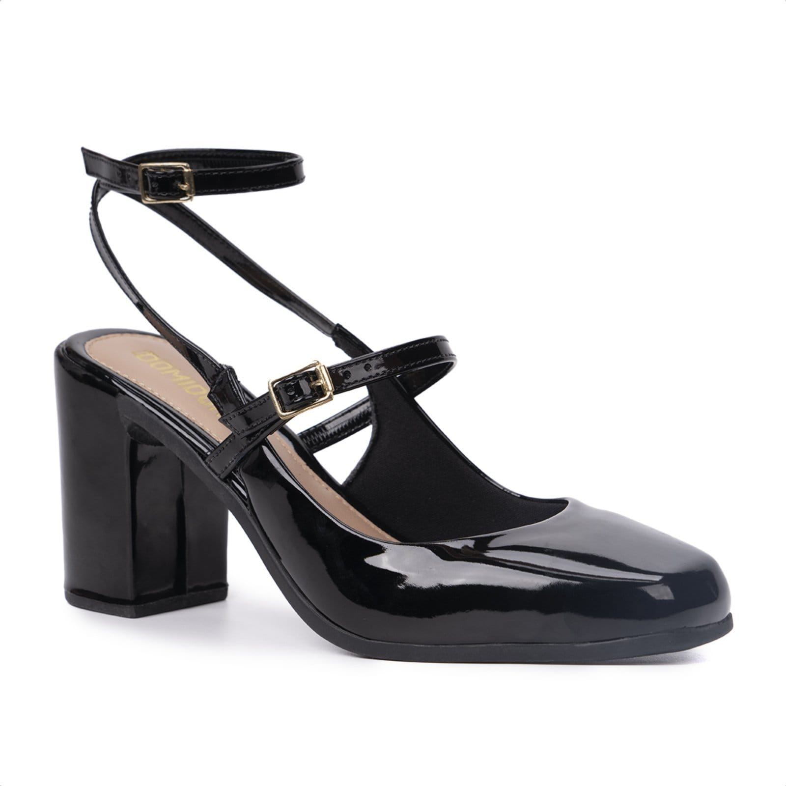 Sandália Feminina Mary Jane Em Verniz Salto Alto Grosso Moda Preta