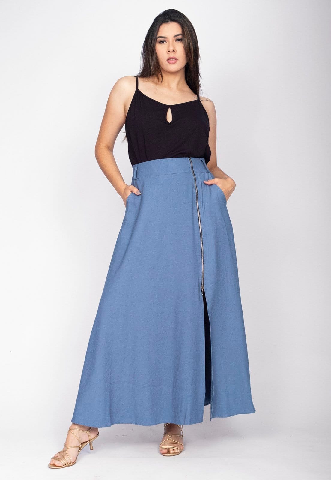 Saia Midi com Zíper Blue