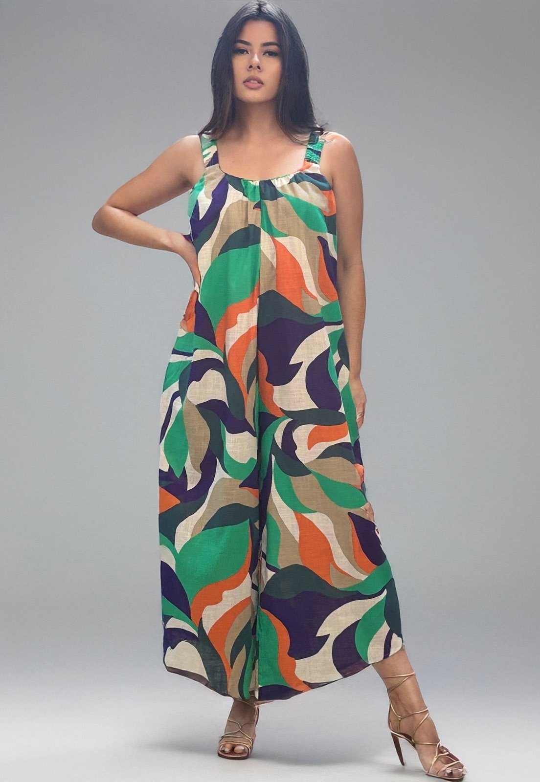 Imagem principal Macacão Amazonia Vital Saruel Viscose Alça com Elástico Estampa Brisa do Mar Amazonia Vital azul/bege/estampado/laranja/verde