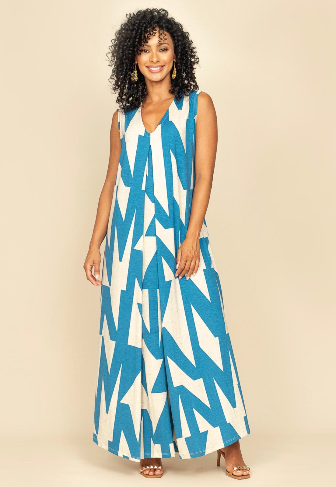 Vestido Longo Acará Malha Amazonia Vital Estampa Geométrico Blue