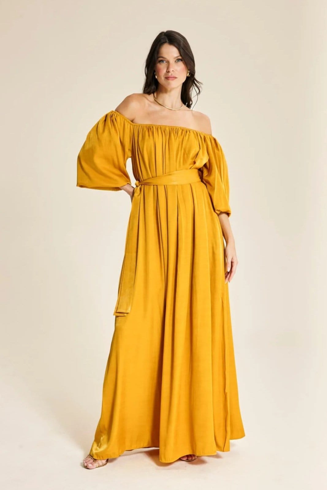 Vestido Longo Ombro a Ombro Manga Gloss Ruth - Gold