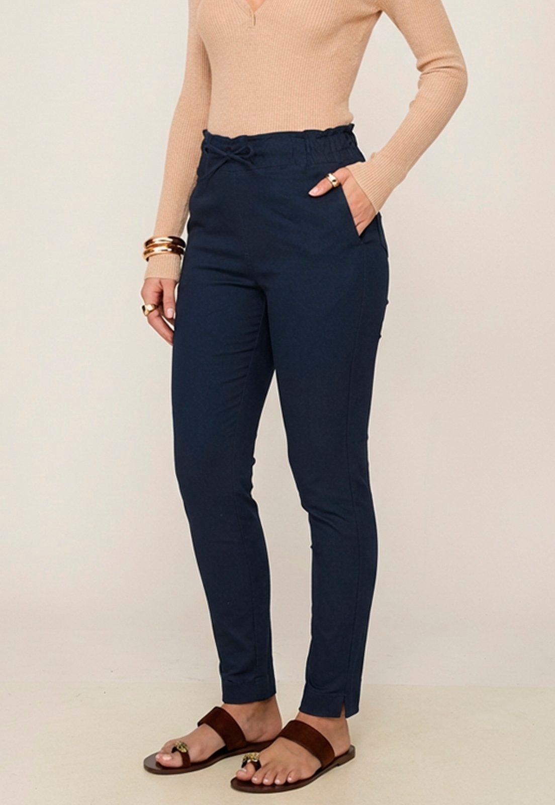 Imagem principal Calça Feminina Sarja Cintura Alta com Cordão Confortável Casual Versátil Marinho Macaw azul/azul marinho azul